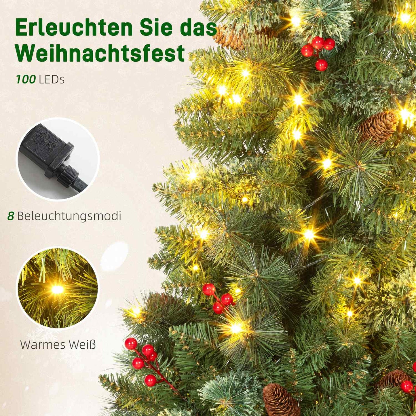 Artificial Christmas Tree, 120 cm, 100 LED Lights, 8 Modes