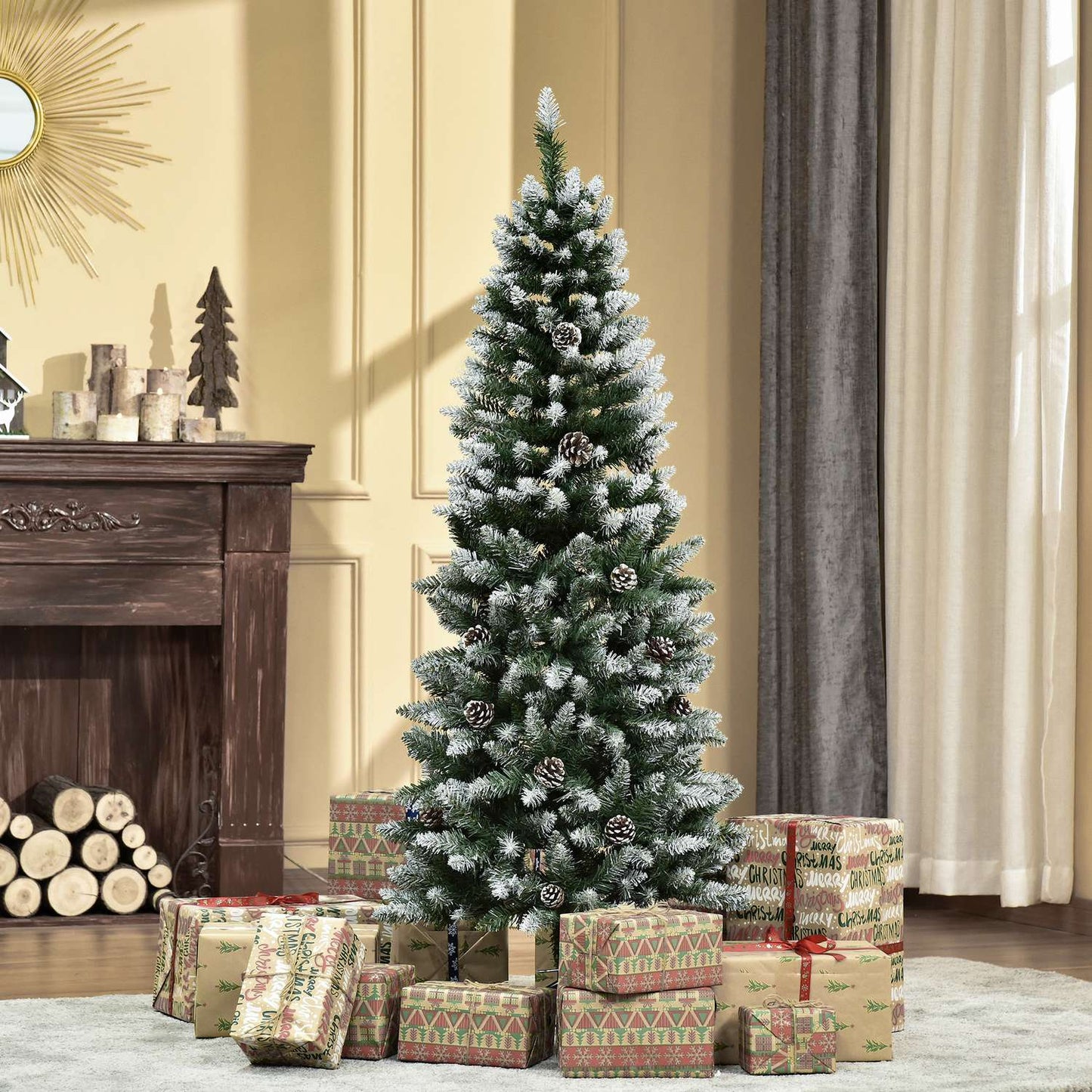 Artificial Christmas Tree, 150 cm, Snowy Branches, Pinecones