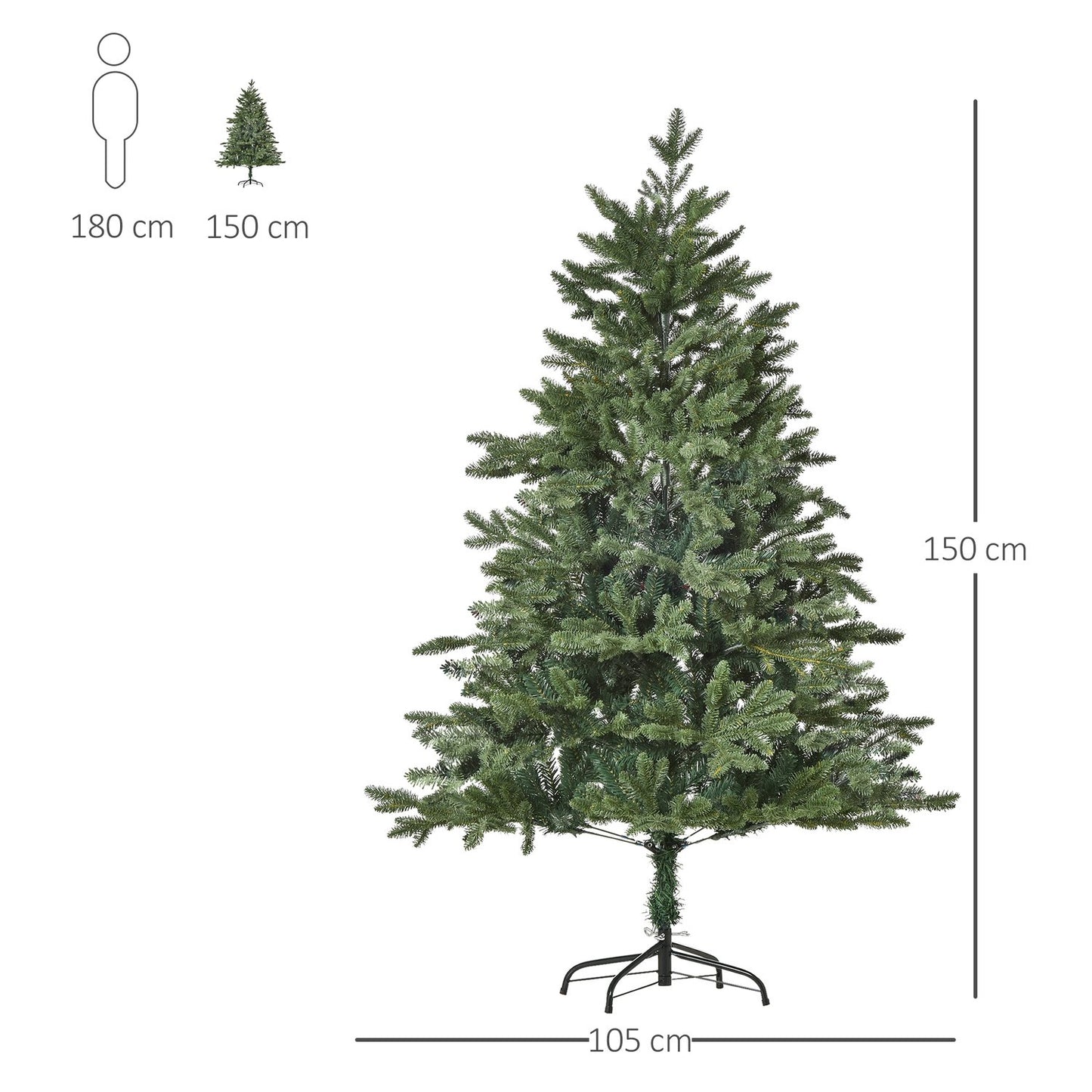 1.5M Artificial Christmas Tree, PVC, Metal Base, Green