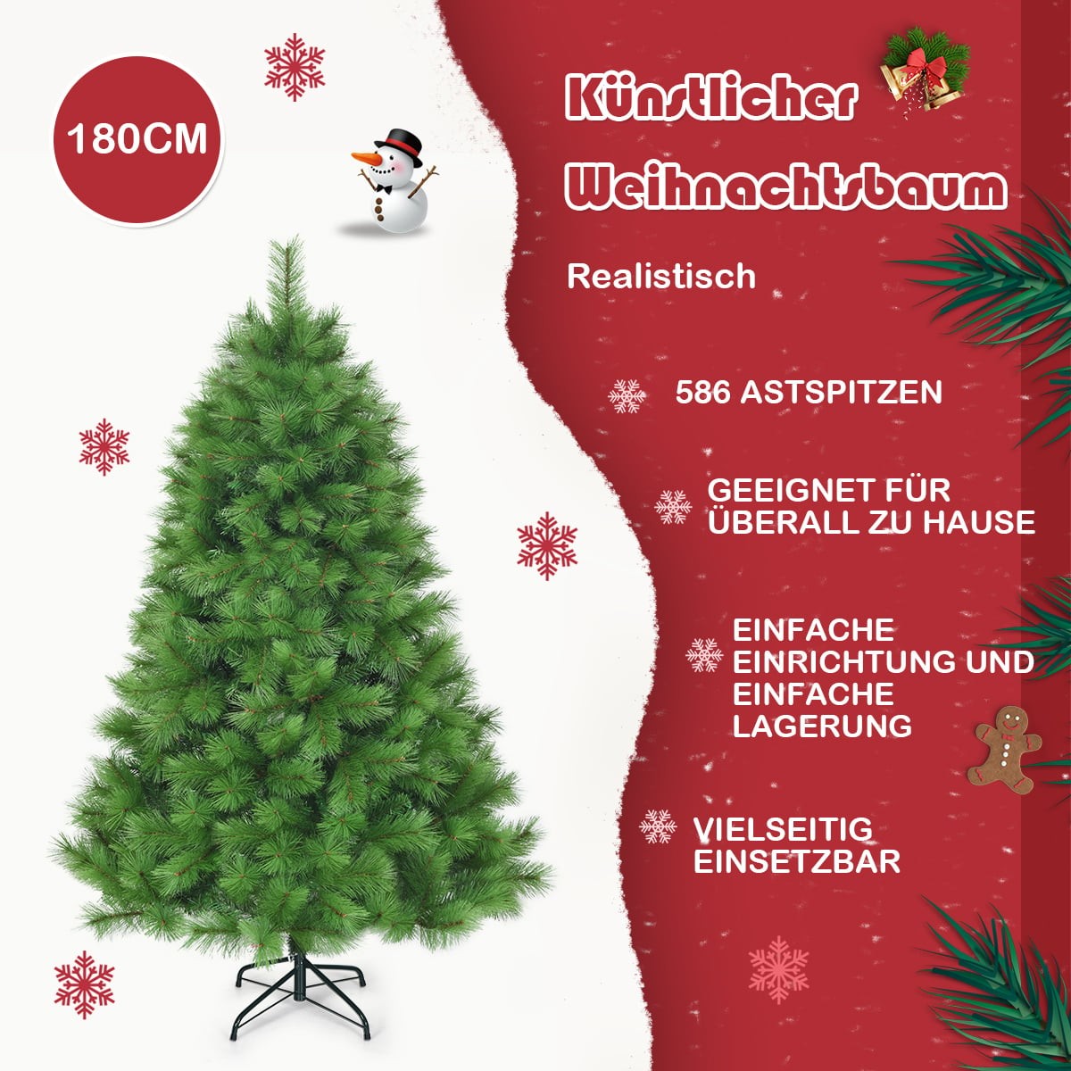 Artificial Christmas Tree, 180 cm, PVC Needles, Metal Stand
