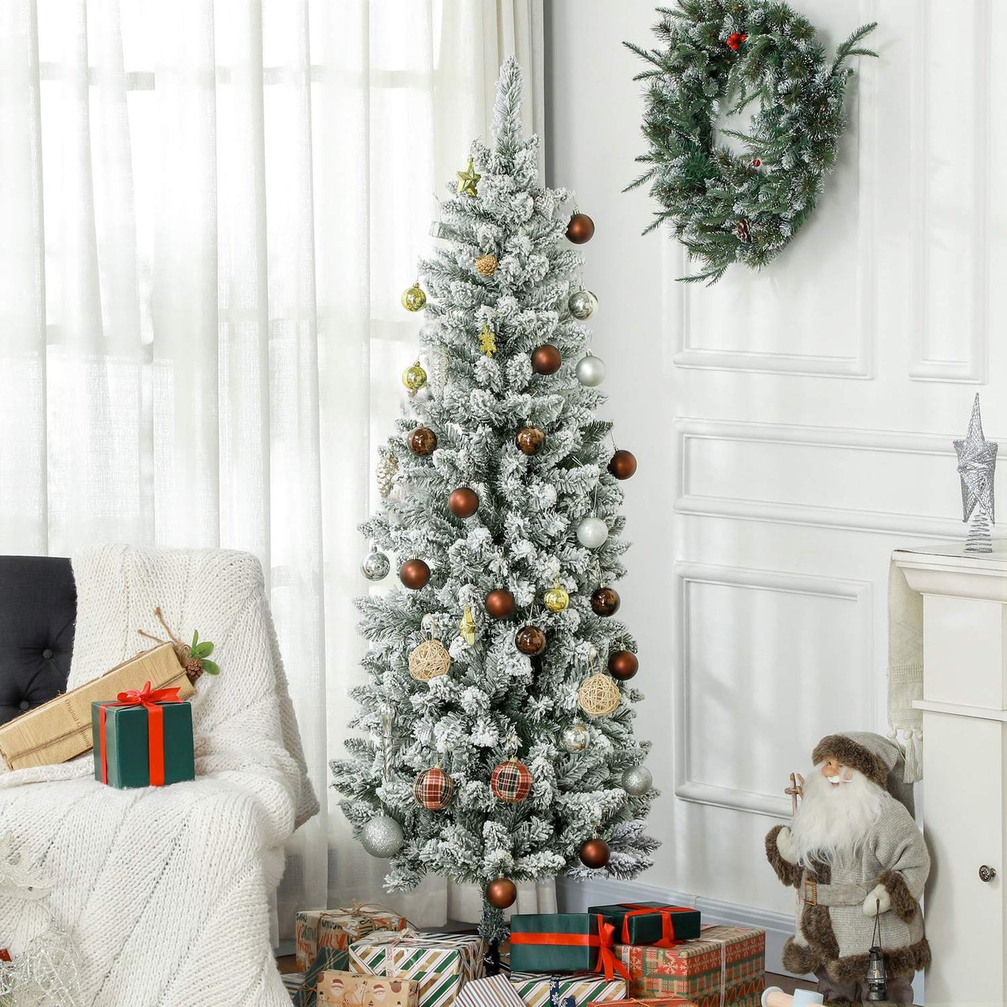 Artificial Christmas Tree, 183 cm, Slim with Snow Effect