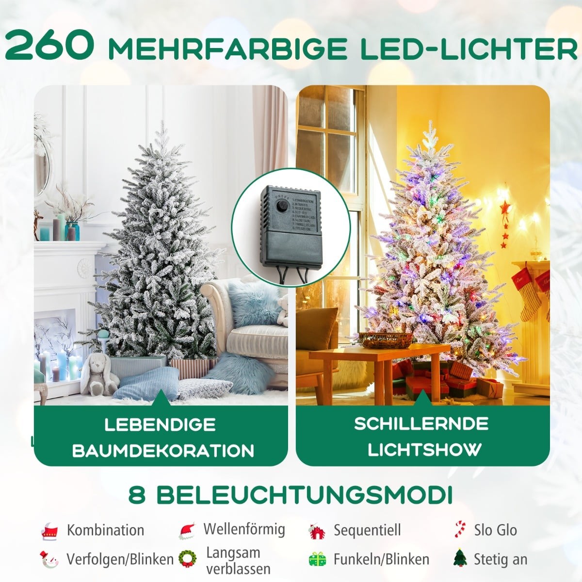 Artificial Christmas Tree, 186cm, 260 LED Lights, 8 Modes