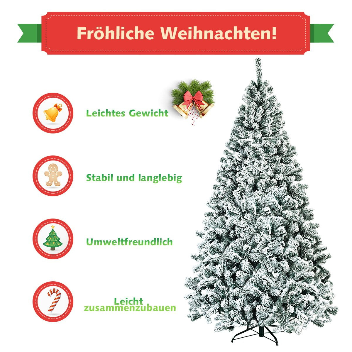 Artificial Christmas Tree, 225cm, Snowy, Metal Stand