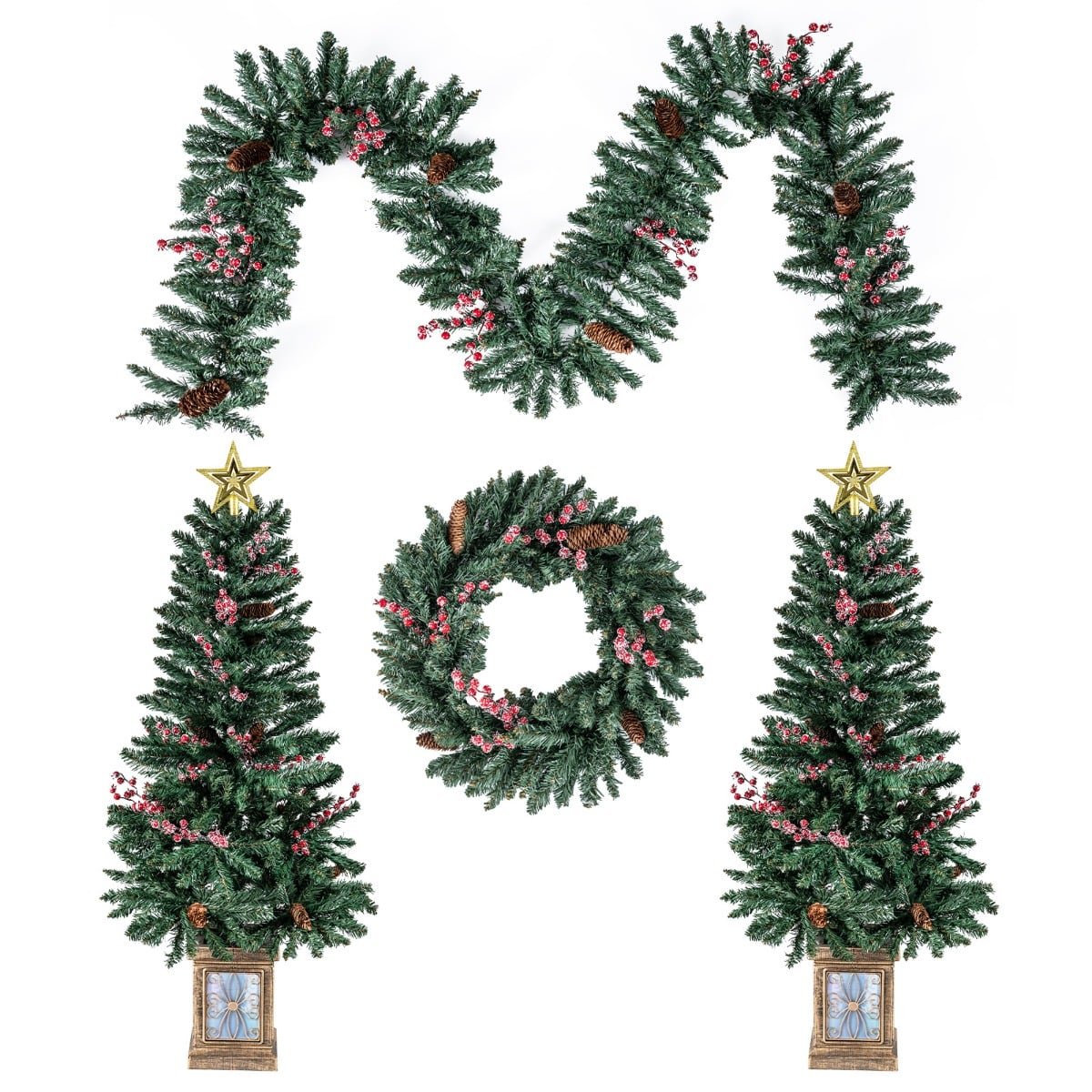 Artificial Christmas Tree Set with Garland & Wreath, 4-Piece