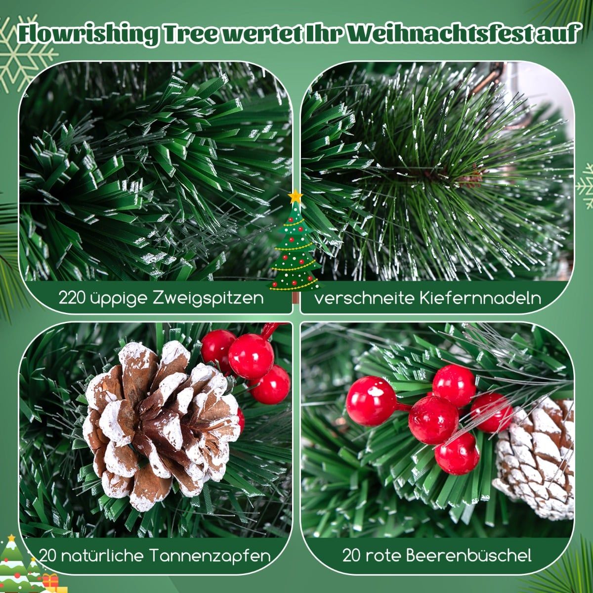 Artificial Christmas Tree with Lights, 180 cm, LED & Fiber Optic