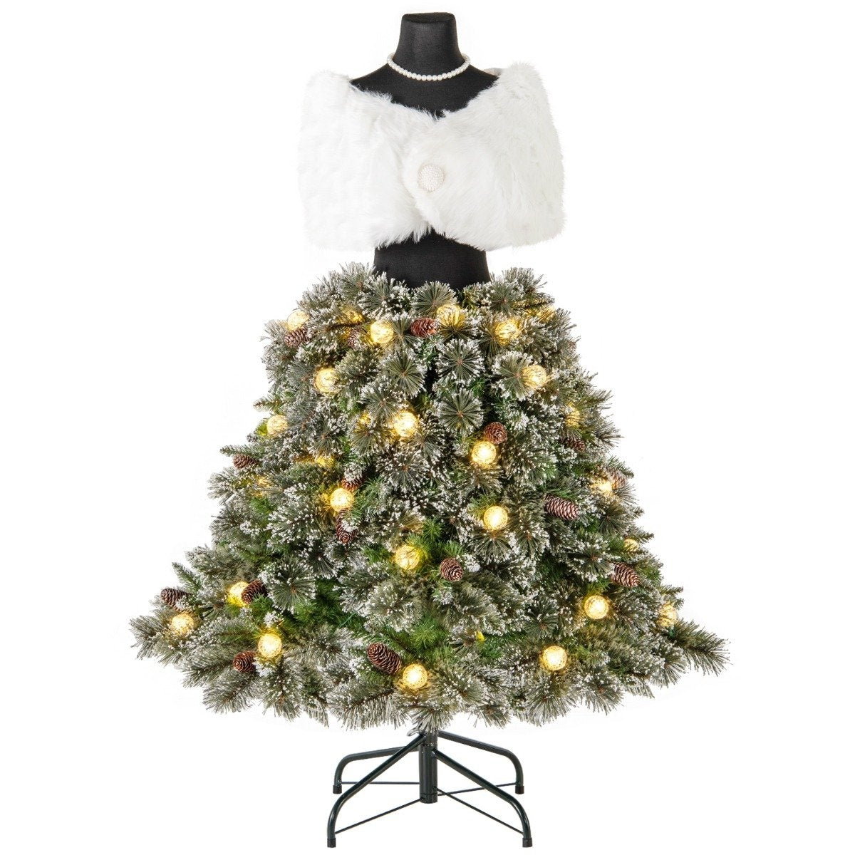 Artificial Christmas tree in dress form look with scarf & necklace & lighting