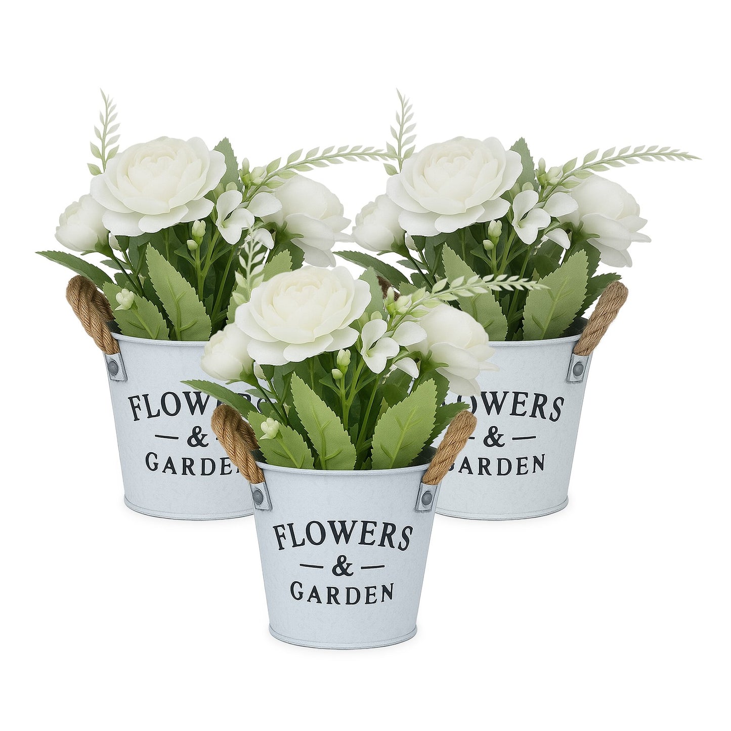 Artificial Flowers Set, 3 White Pots with Rope Handles