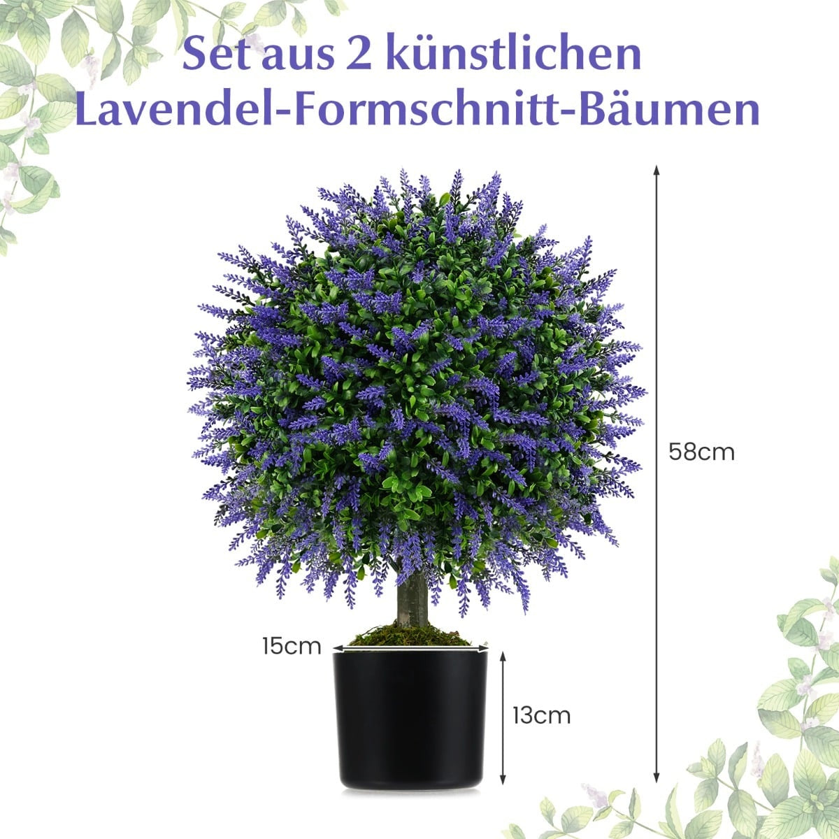 Artificial Lavender Topiary Trees, 58cm, Set of 2