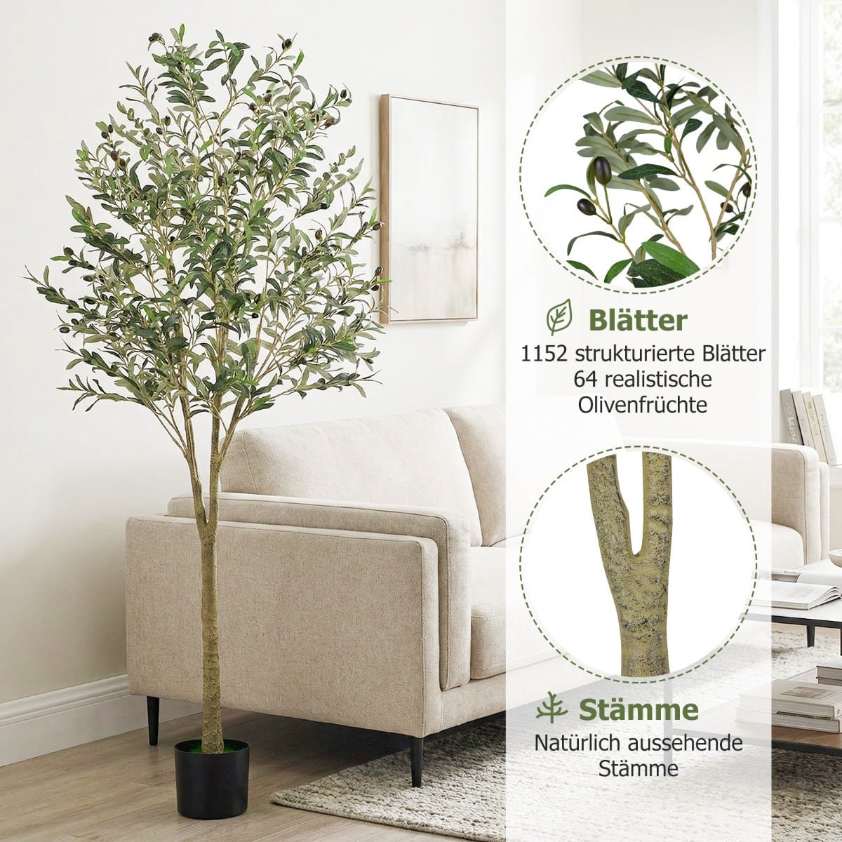 Artificial Olive Tree Set, 180 cm, 2 Pieces, Realistic Leaves