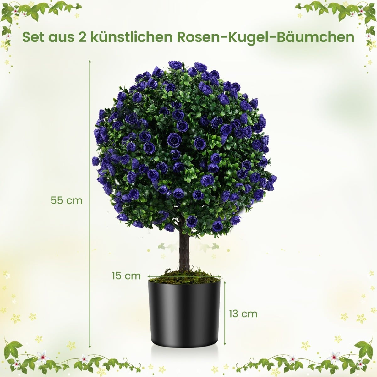 Artificial Rose Trees with Purple Blooms, 55cm, Set of 2