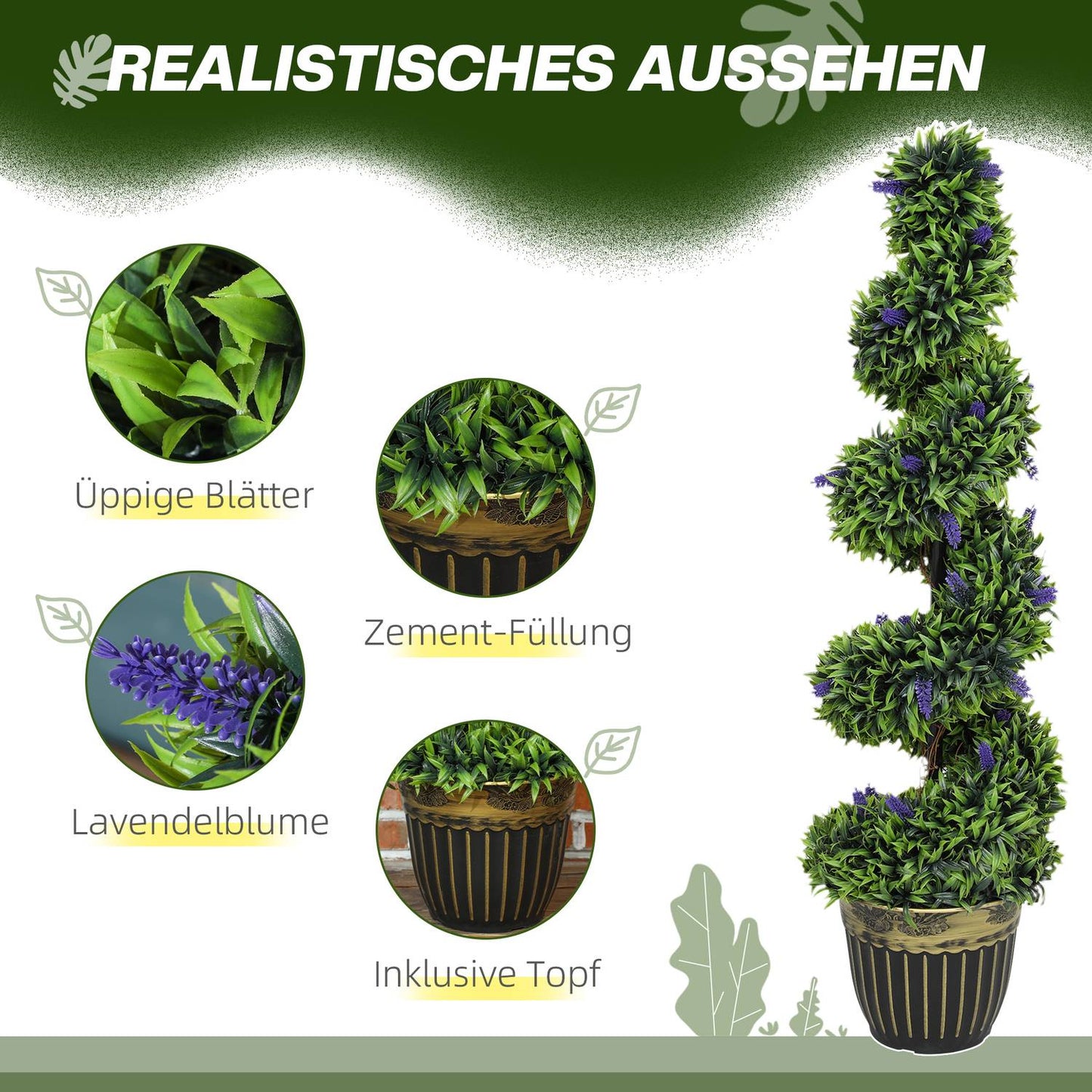 Artificial Spiral Boxwood with Lavender, 115 cm, Set of 2
