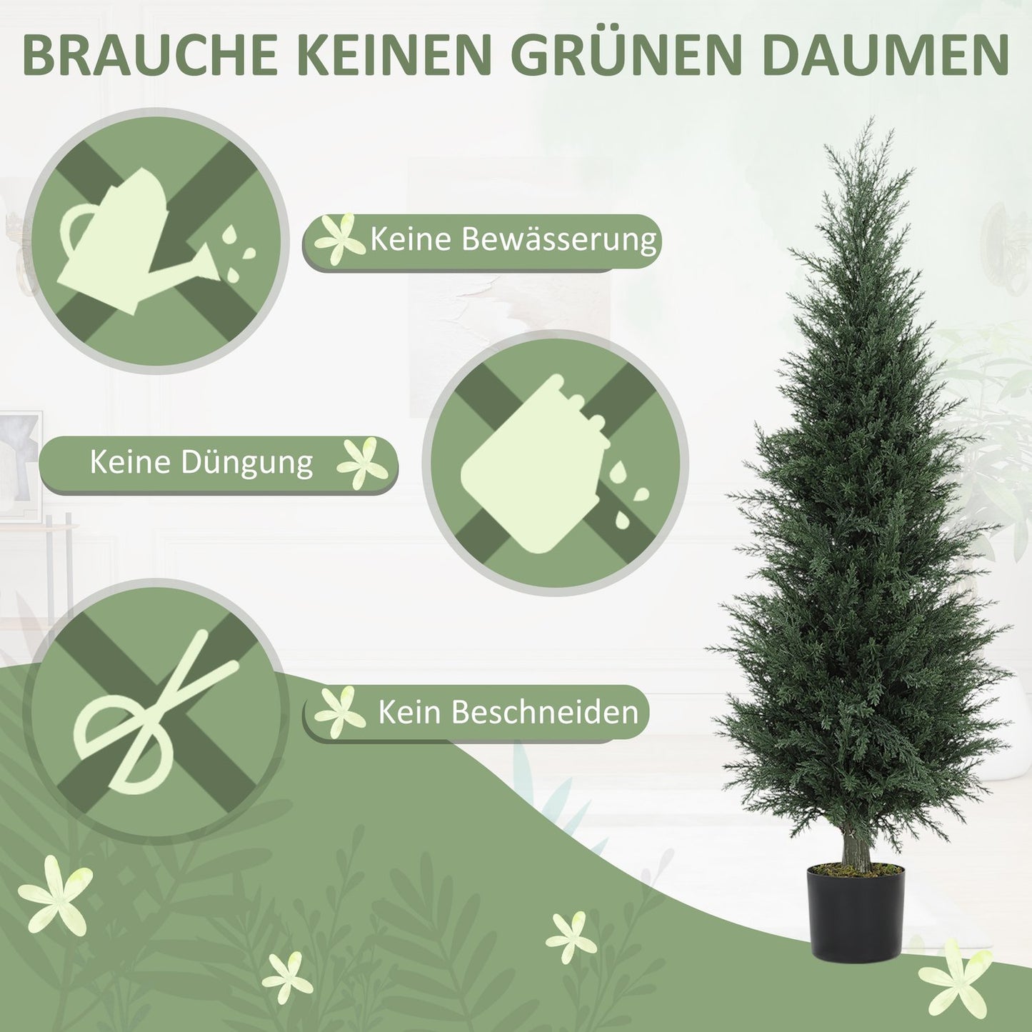 Artificial cypress plant, 638 plastic leaves, with pot, UV-resistant, green