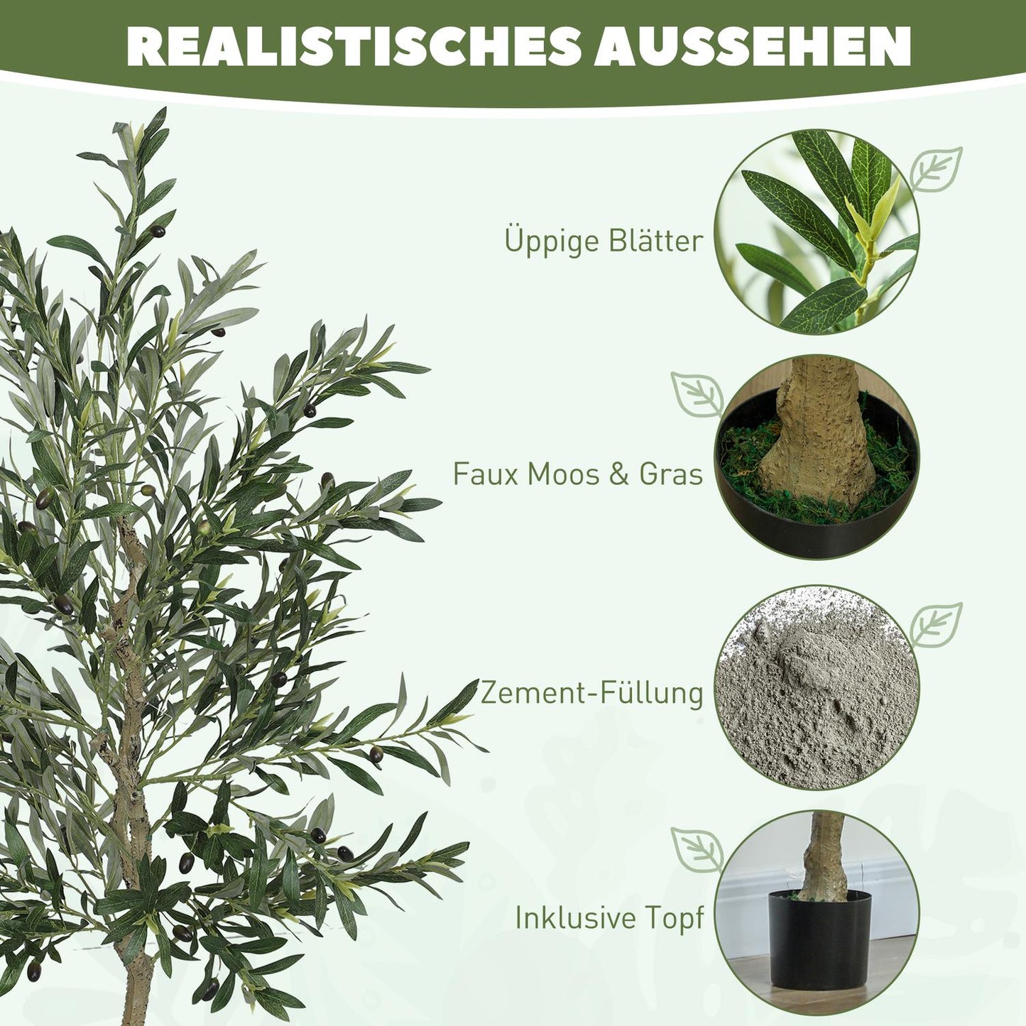 Artificial olive tree, 180 cm, 900 leaves, 40 olives, sturdy flowerpot, decorative plant, green