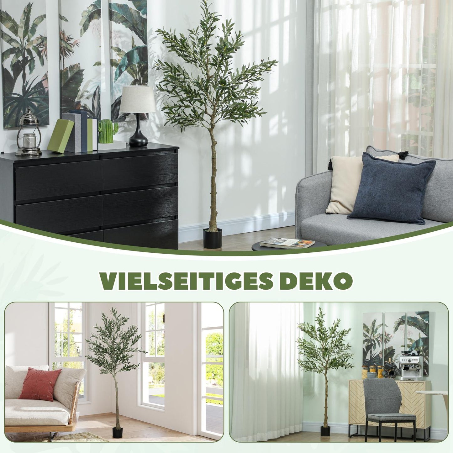 Artificial olive tree, 180 cm, 900 leaves, 40 olives, sturdy flowerpot, decorative plant, green
