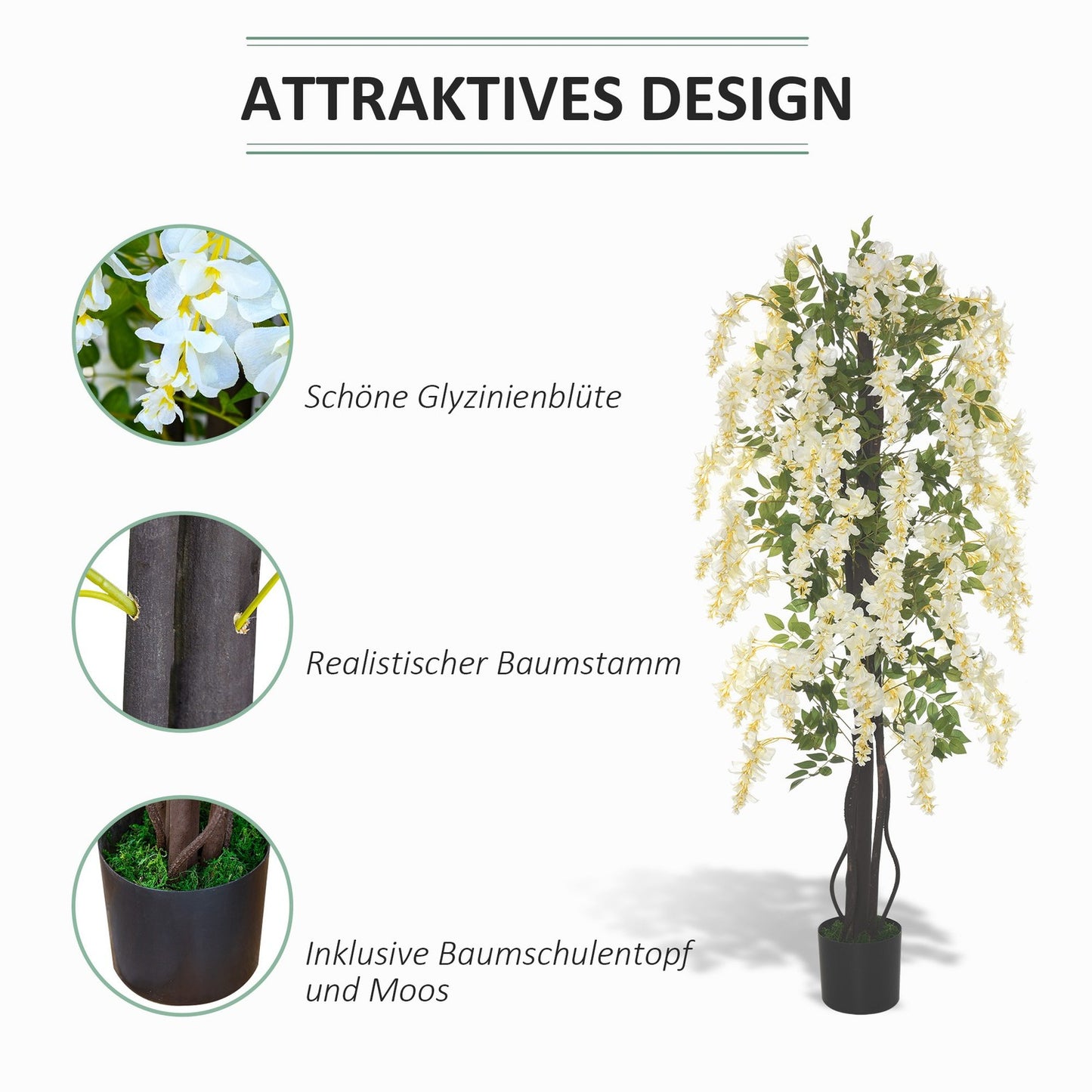 Artificial plant with white wisteria, 1.65 m high