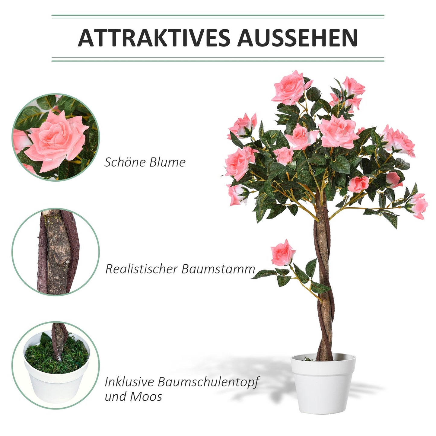 Artificial Rose Plant in Cement Pot, 90cm, Pink