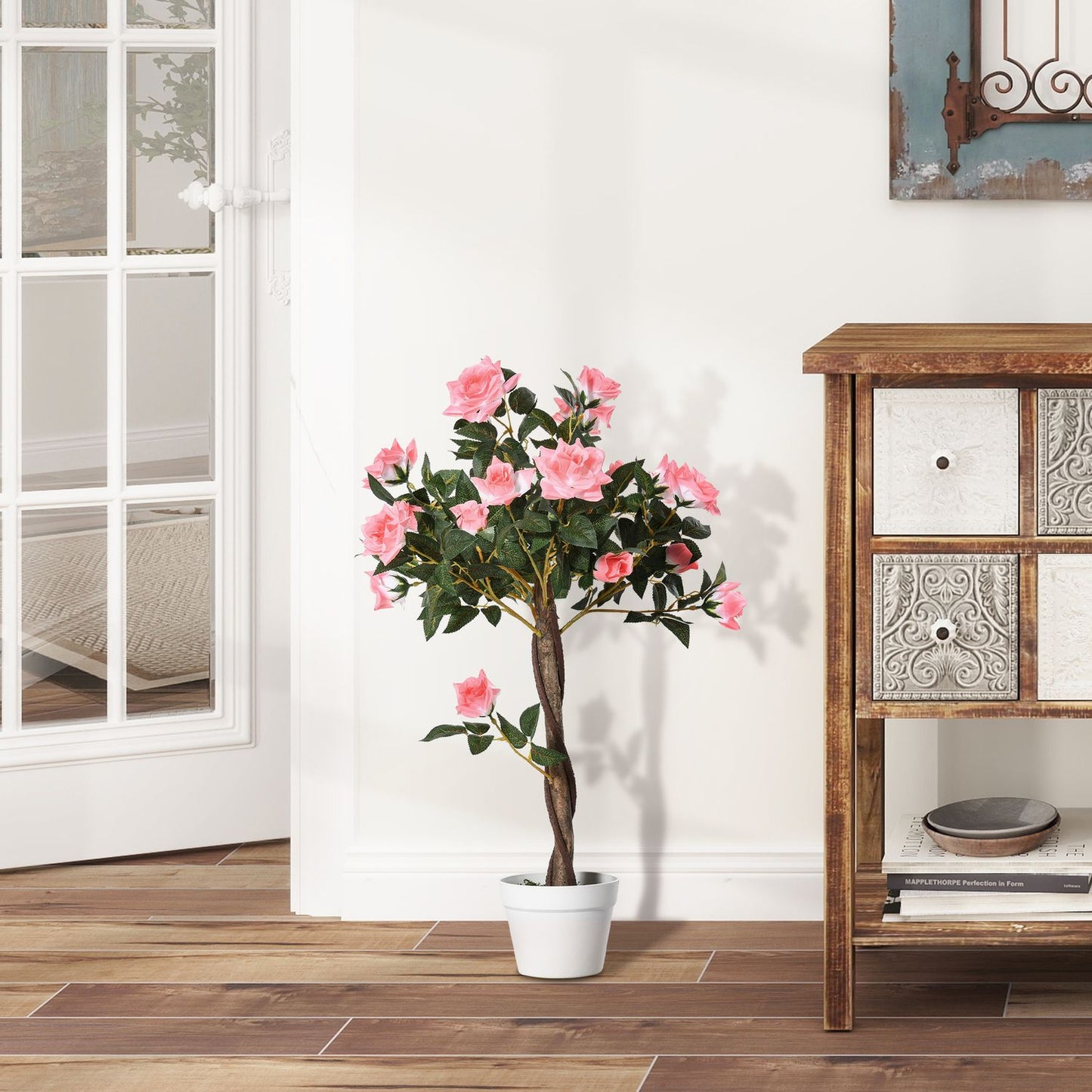 Artificial Rose Plant in Cement Pot, 90cm, Pink