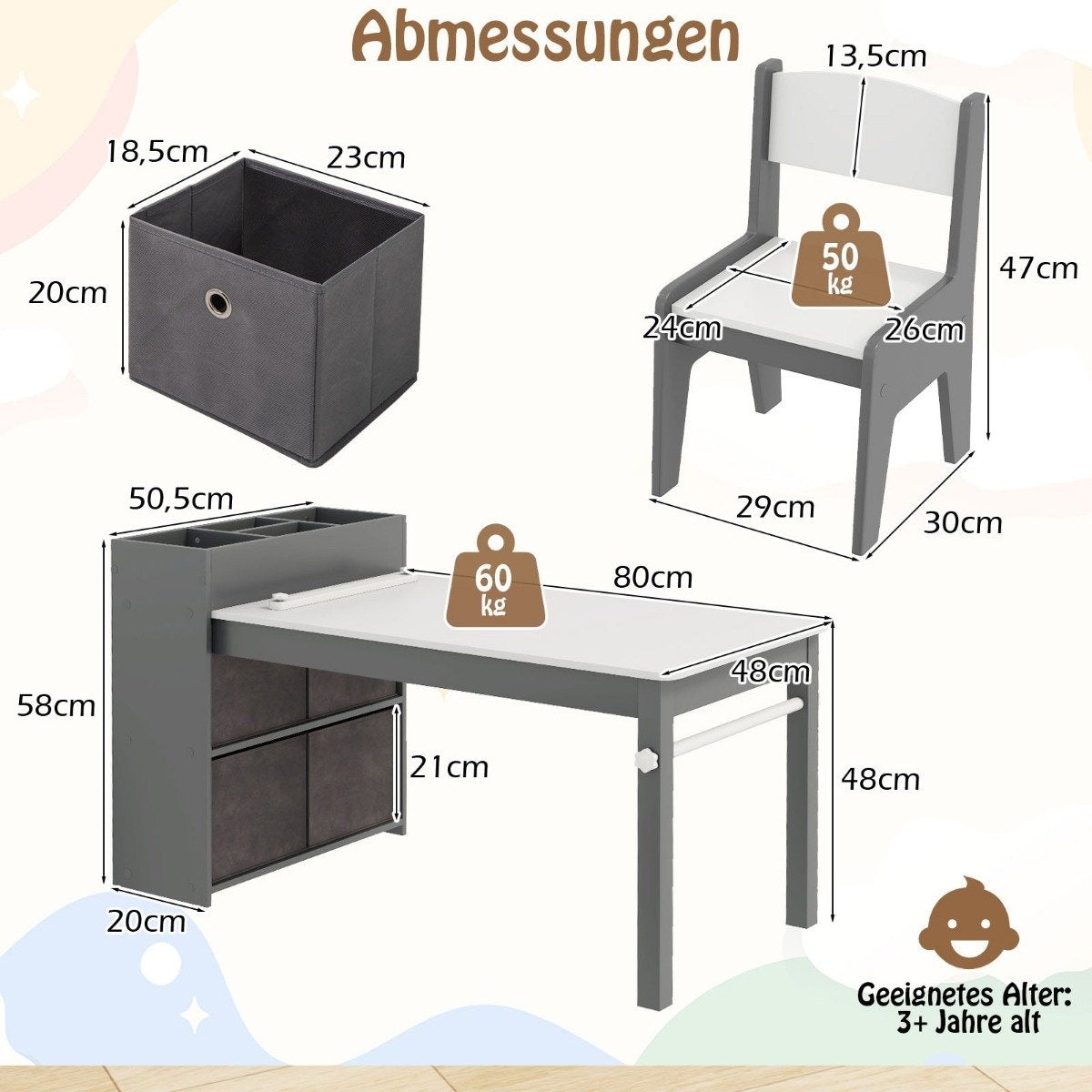 Art table and chair set for children. Drawing table with 2 chairs, paper roll and paper roll holder. Grey