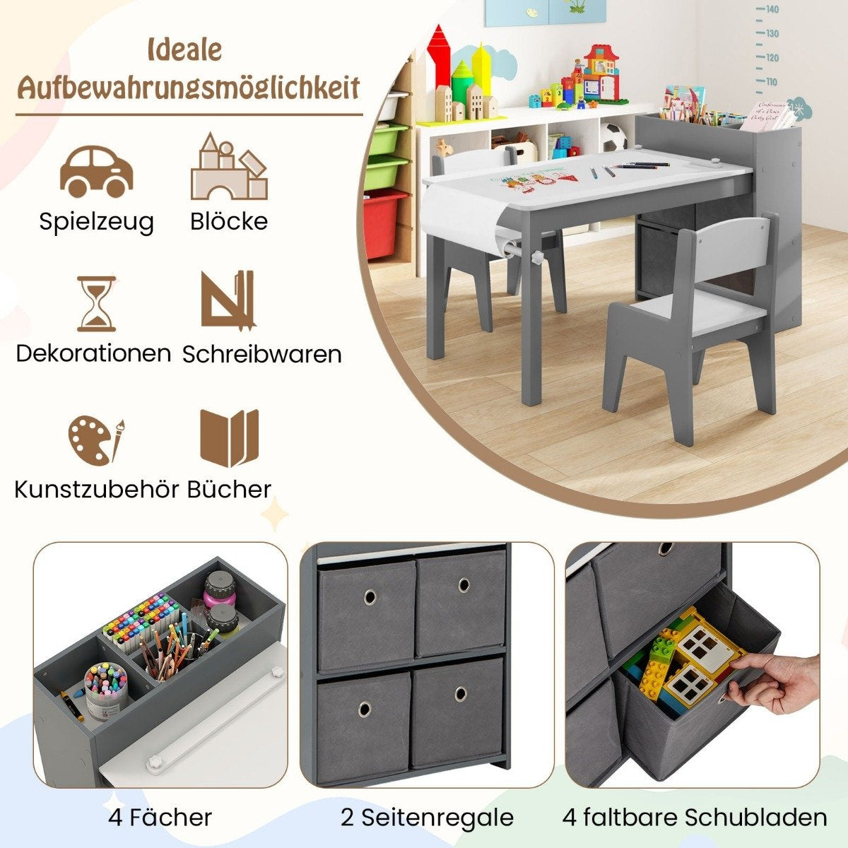 Art table and chair set for children. Drawing table with 2 chairs, paper roll and paper roll holder. Grey