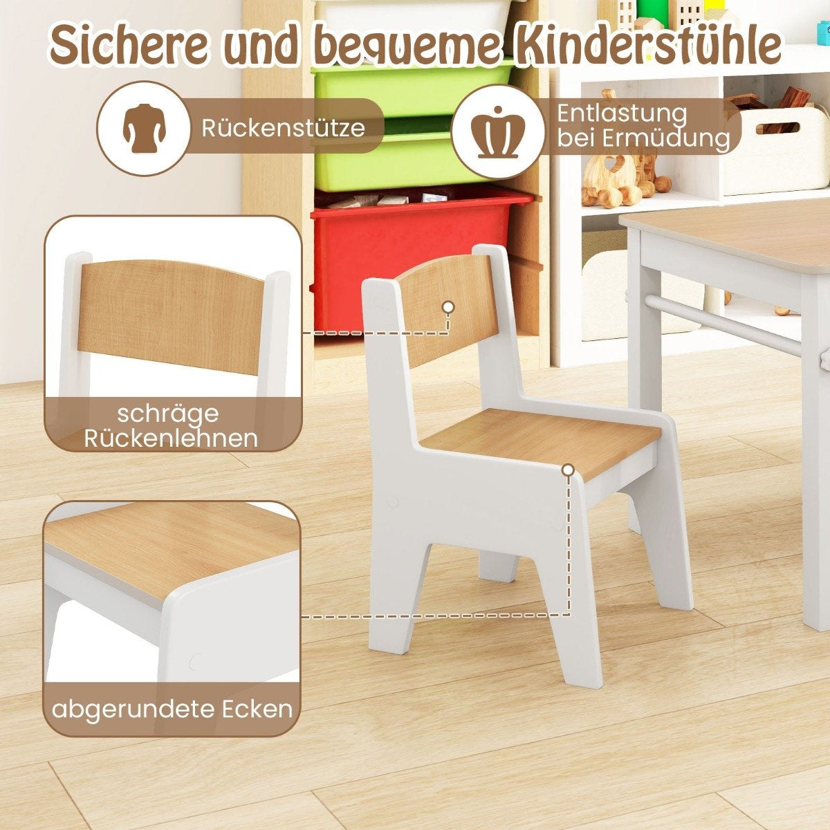Art table and chair set for children. Drawing table with 2 chairs, paper roll and paper roll holder. Natural