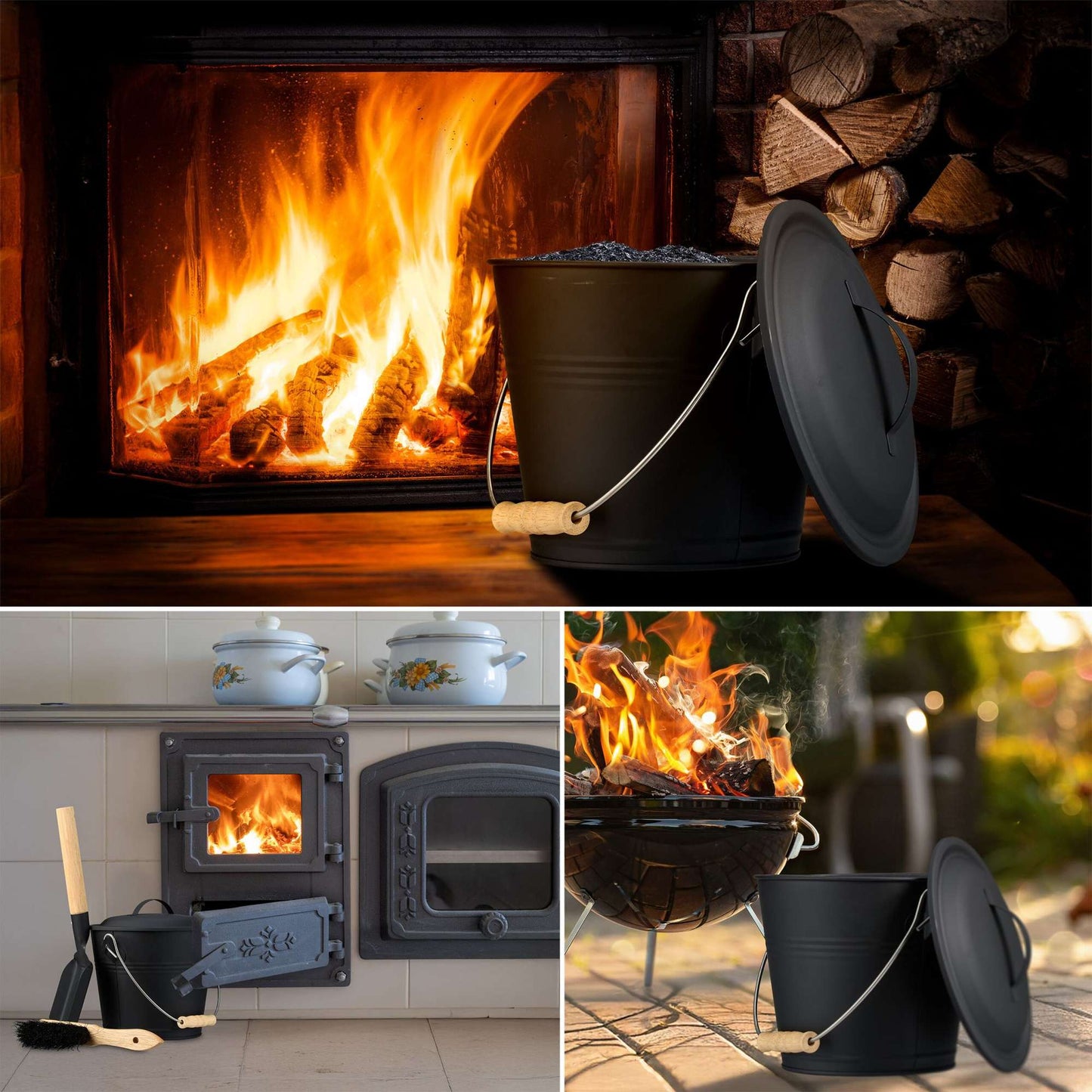 Ash Bucket with Brush and Shovel Set, Black Iron