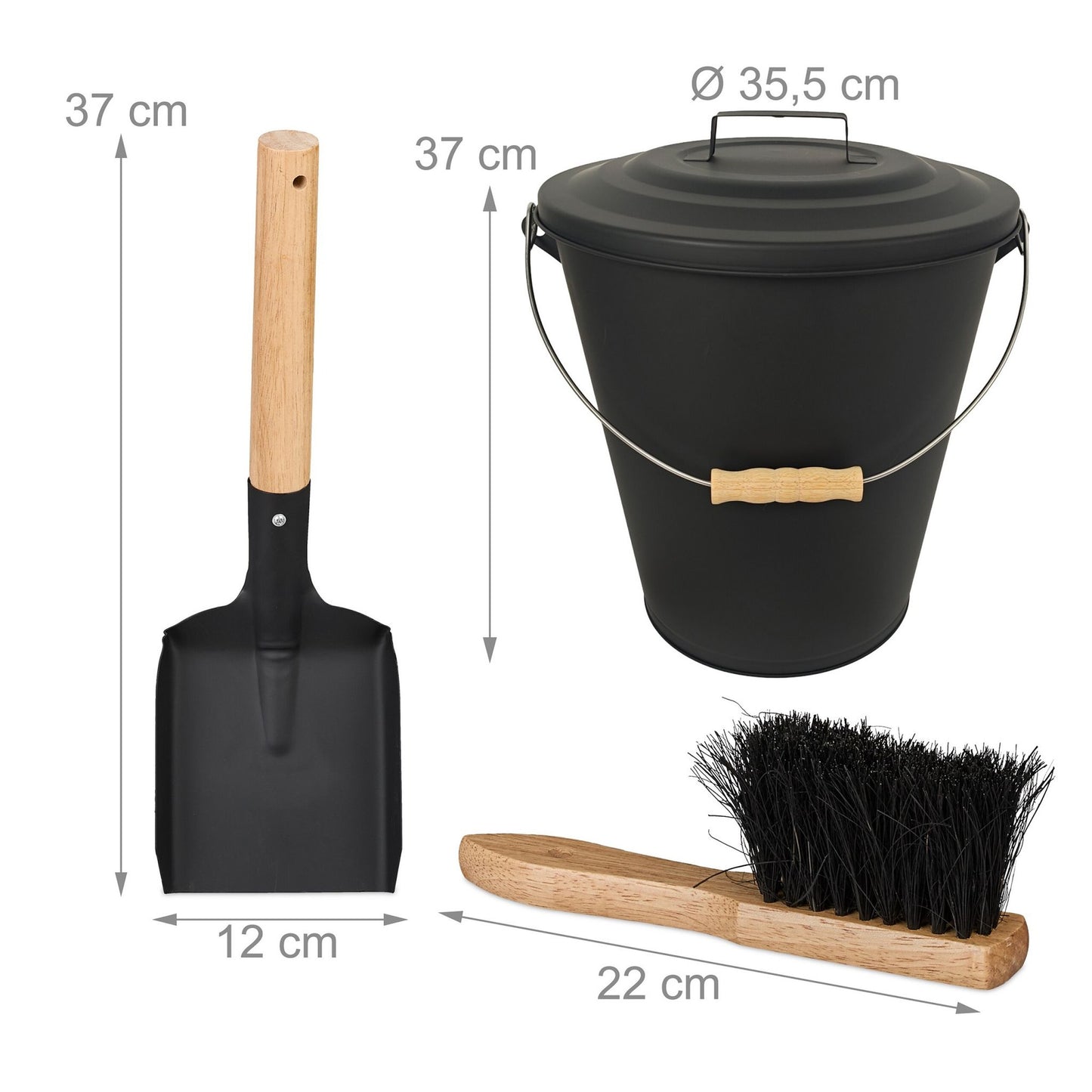 Ash Bucket with Brush and Shovel Set, Black Iron