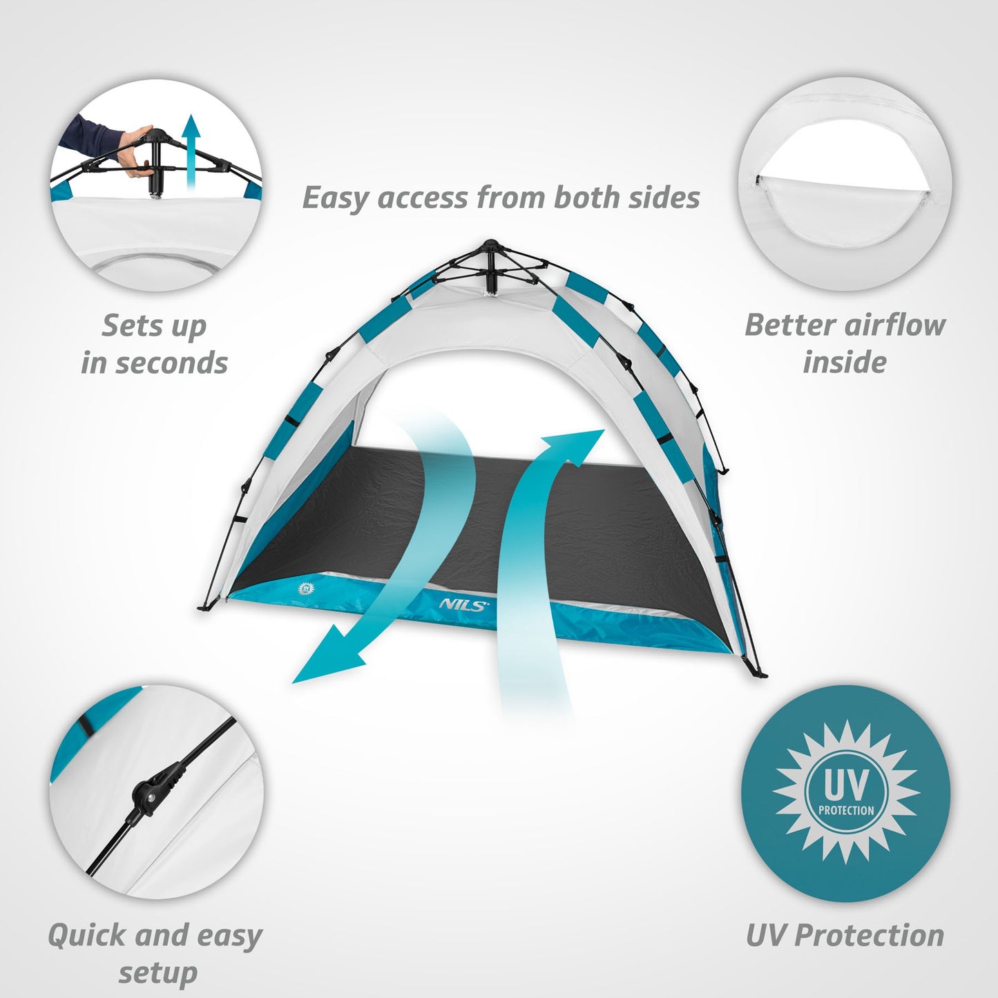 Automatic Beach Tent With UV Protection, 2-Entrance, Gray