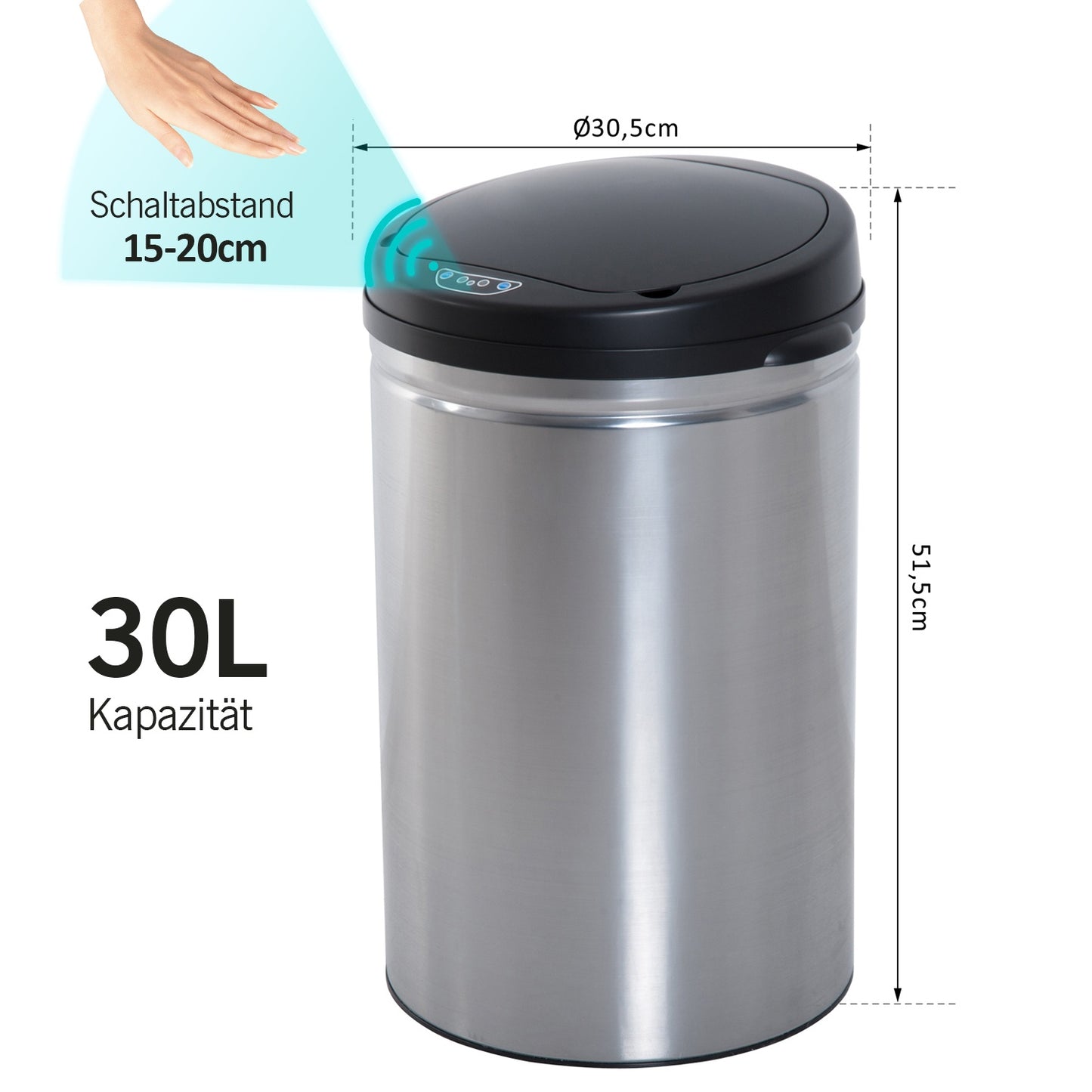 Automatic 30L sensor dustbin - stainless steel, round
