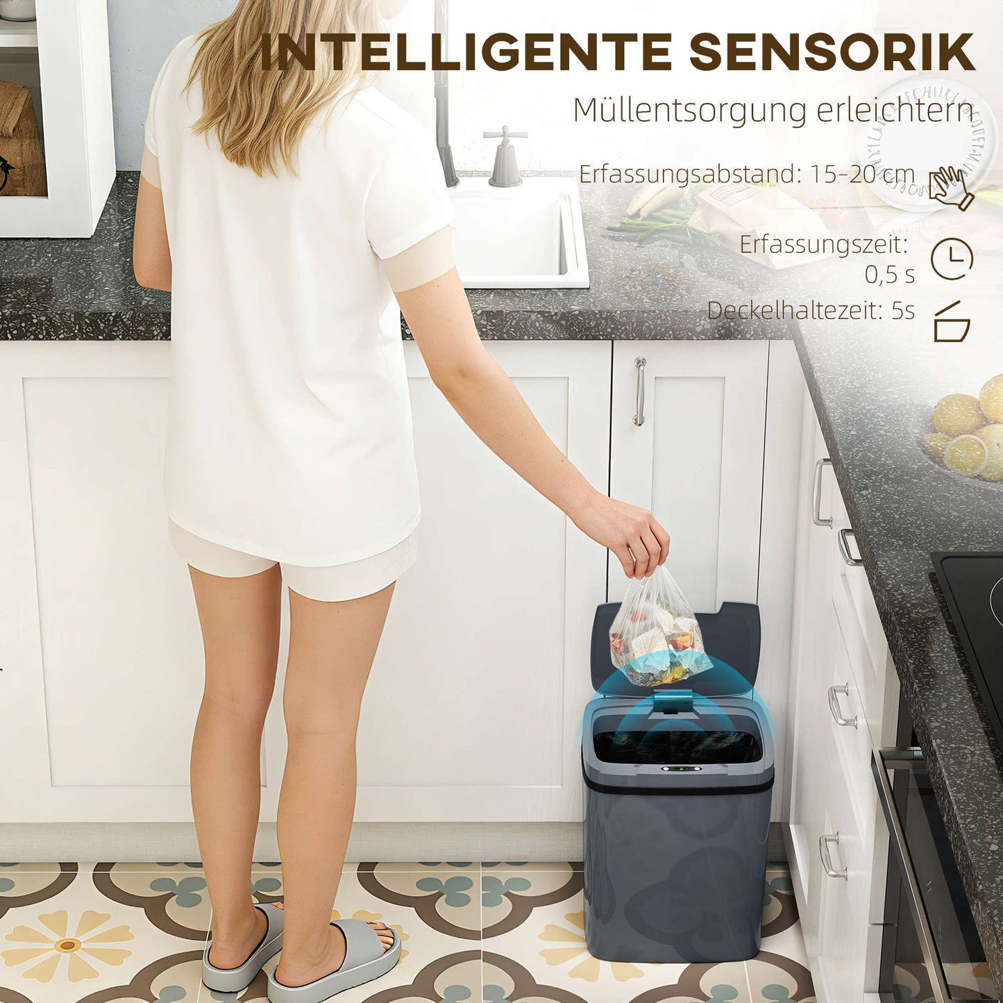 Automatic Sensor Trash Can, 15L, Touchless & Manual Modes