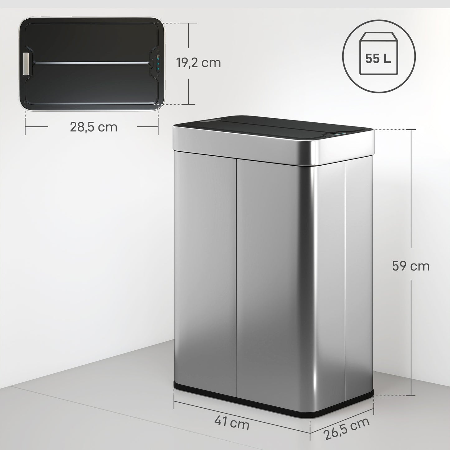 Automatic Sensor Trash Can, 55L, Stainless Steel, Butterfly Lid