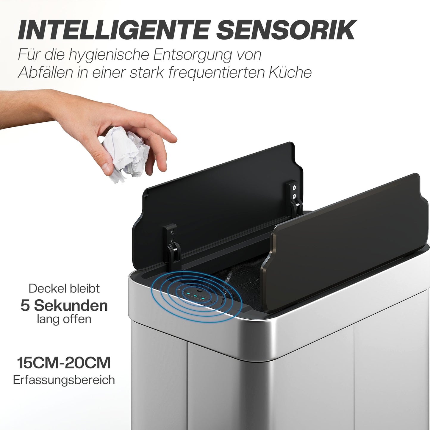 Automatic Sensor Trash Can, 55L, Stainless Steel, Butterfly Lid