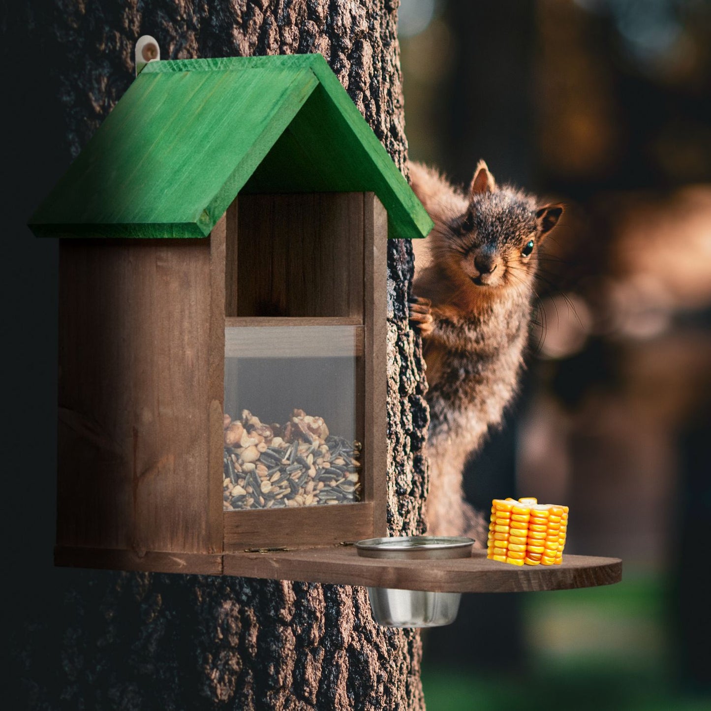 Automatic feeder for brown squirrels made of wood