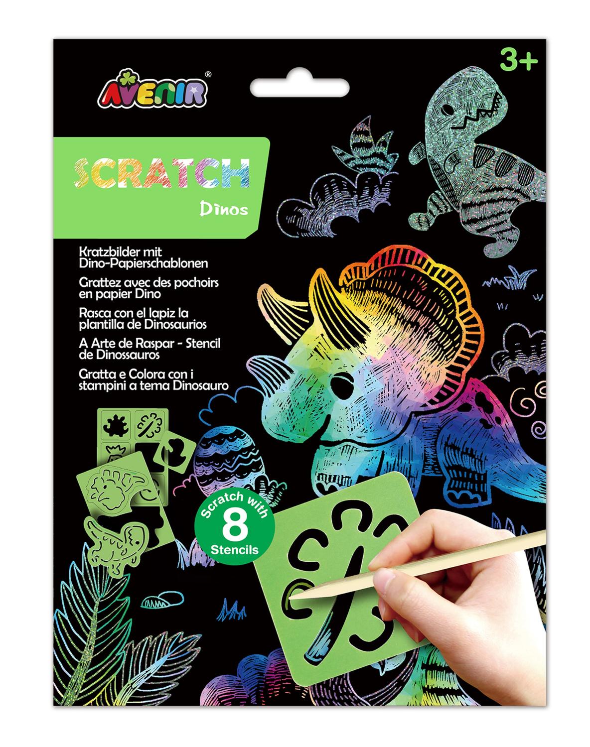 Avenir Scratch Set With Stencil: Dinos