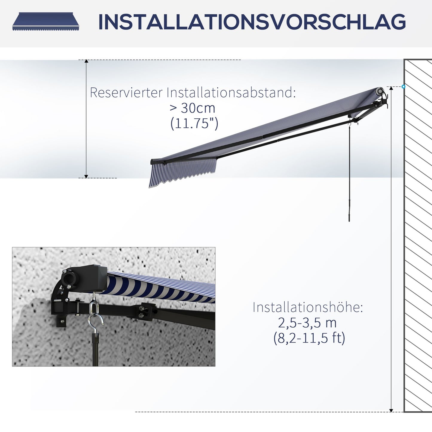 Wall-mounted balcony awning 4x3M, blue & white stripes