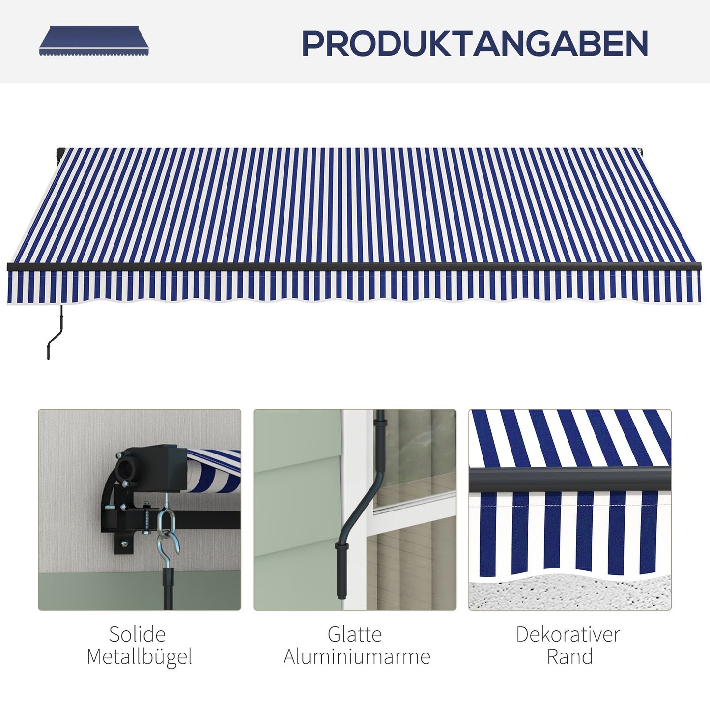 Wall-mounted balcony awning 4x3M, blue & white stripes