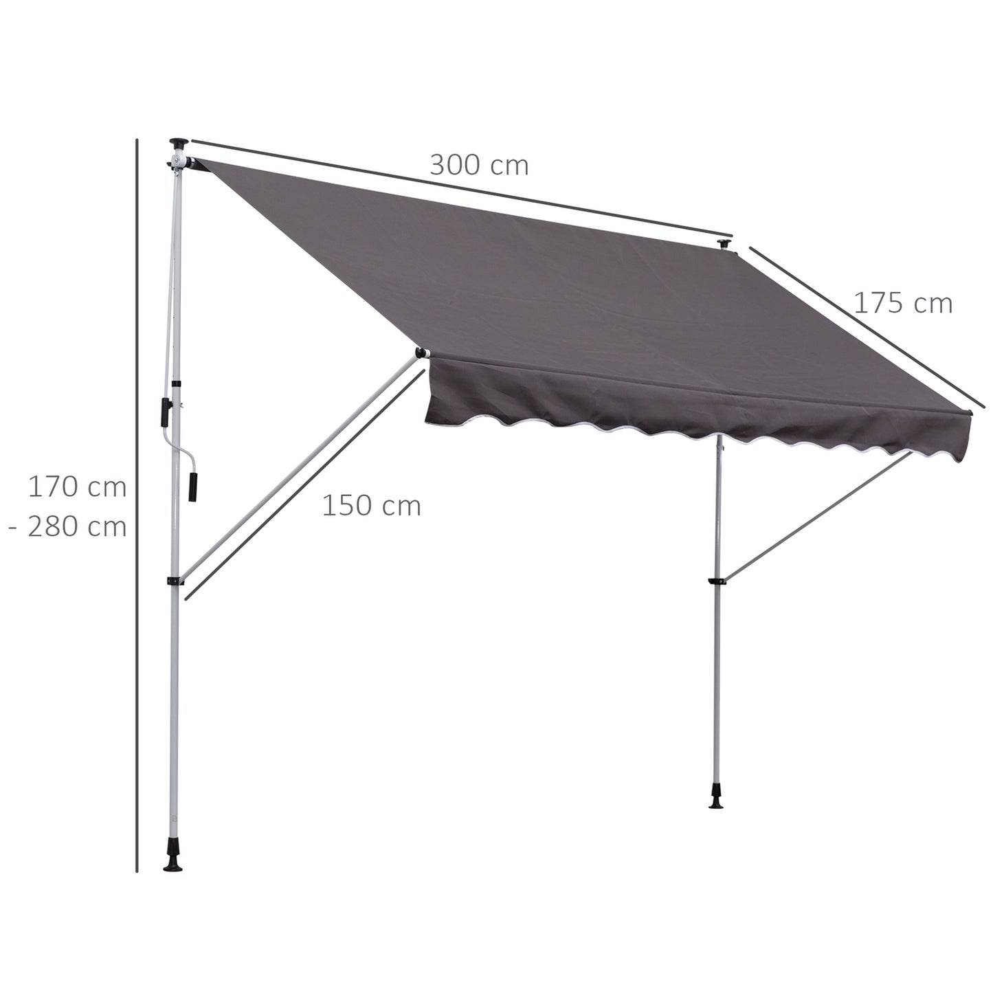 Folding arm awning in aluminium, hand crank, 300x150Cm Grey