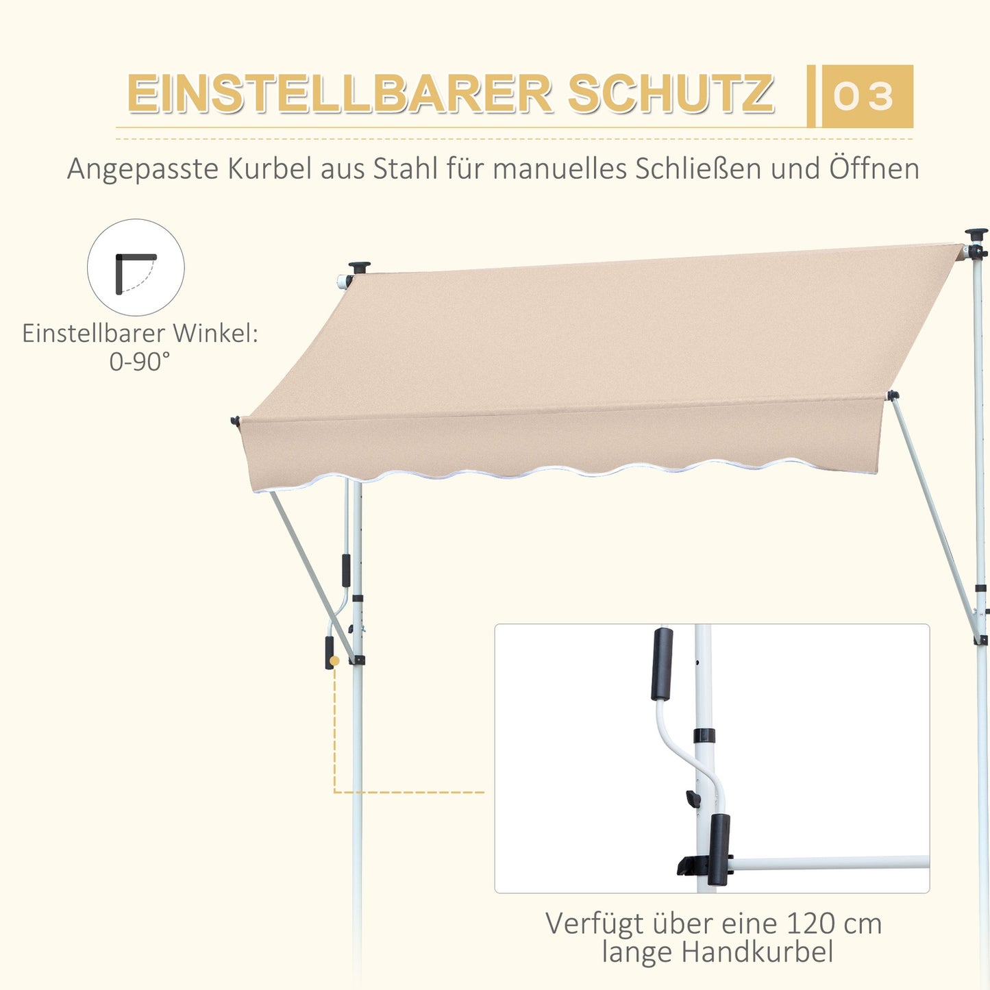 Folding aluminum awning with hand crank - Creamy white 2x1.2M