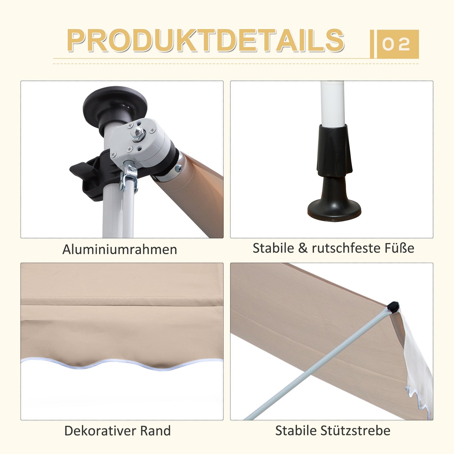 Folding aluminum awning with hand crank - Creamy white 2x1.2M