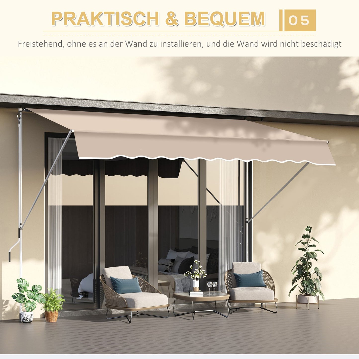Folding aluminum awning with hand crank - Creamy white 2x1.2M