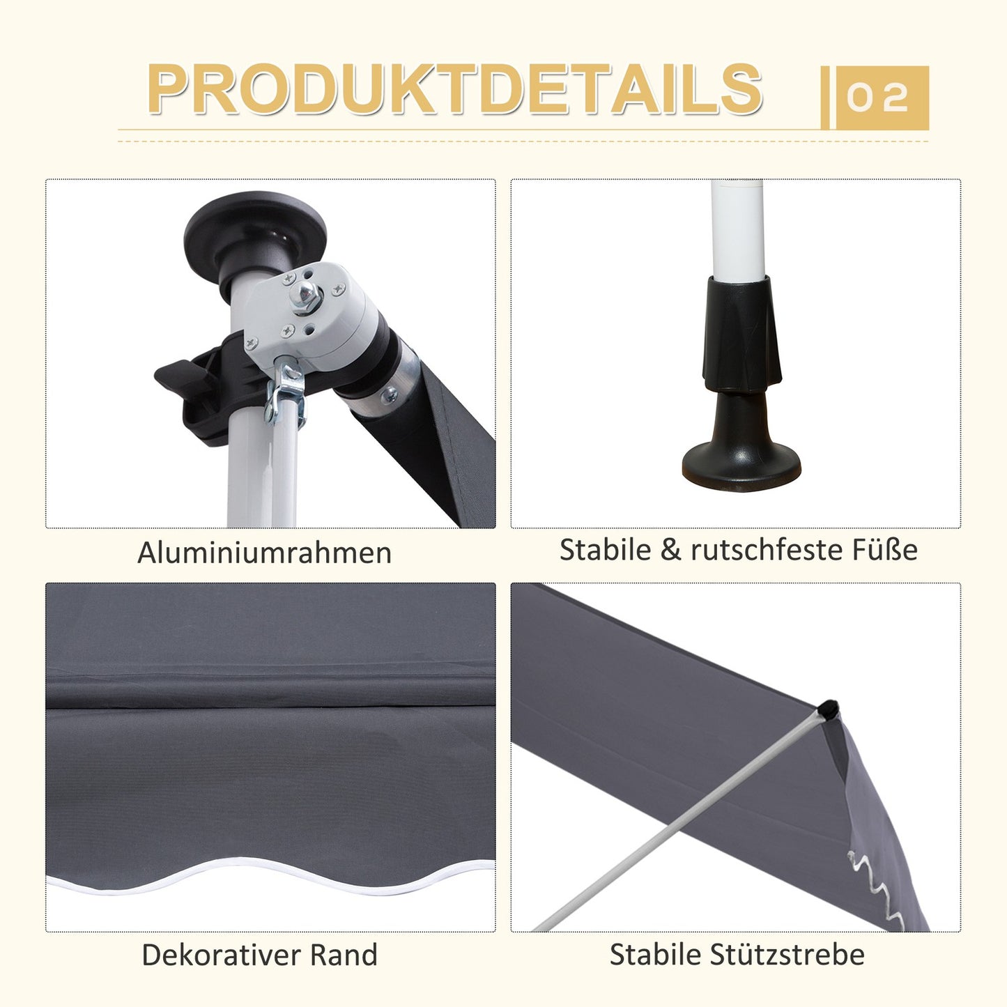 Folding aluminum Balcony awning, Sun protection, 2x1.2M, Grey