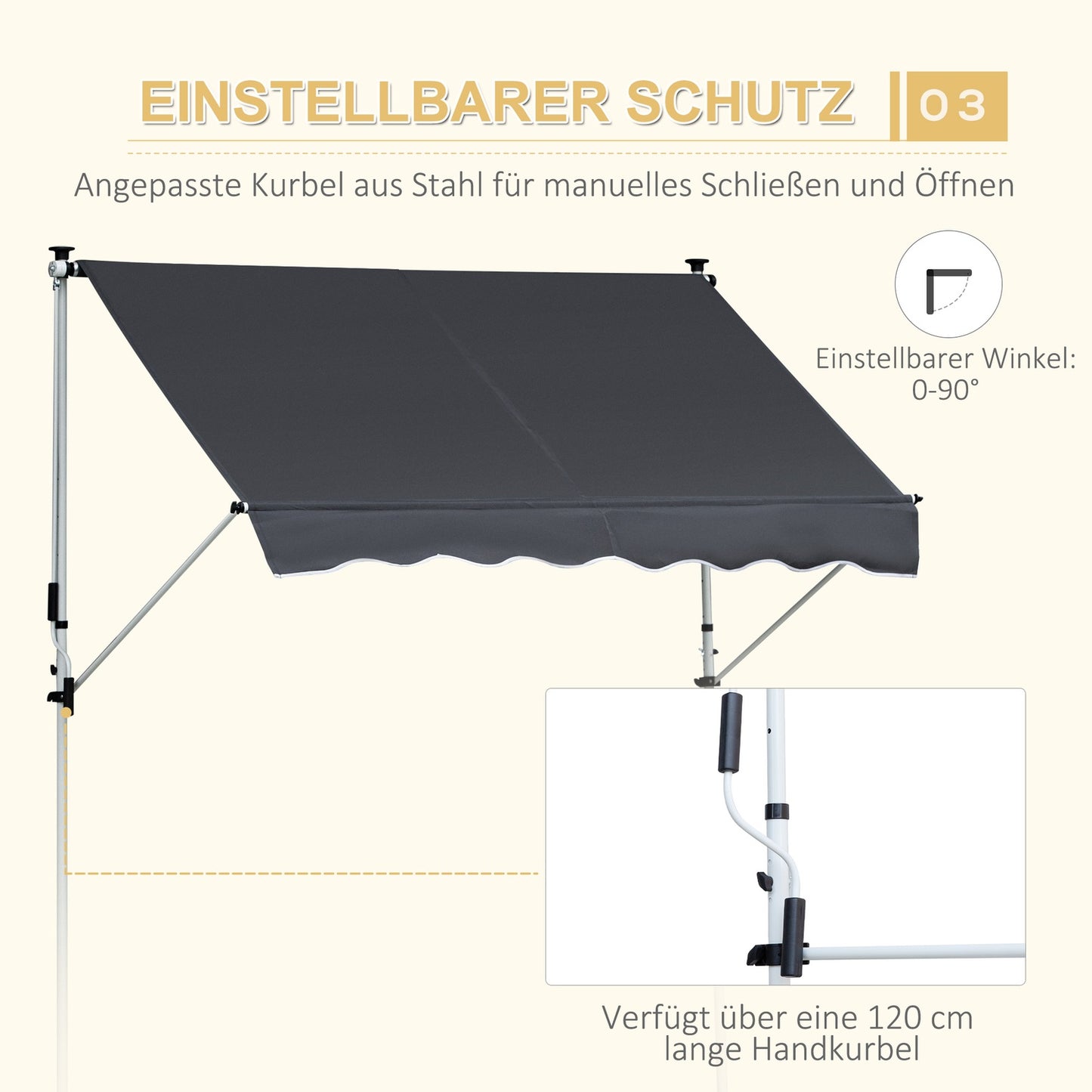 Folding aluminum Balcony awning, Sun protection, 2x1.2M, Grey