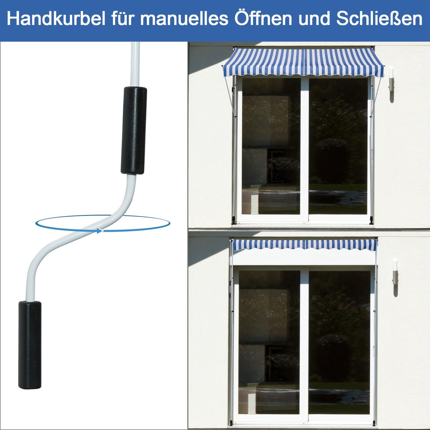 Adjustable folding arm awning, blue/white, 300x150cm