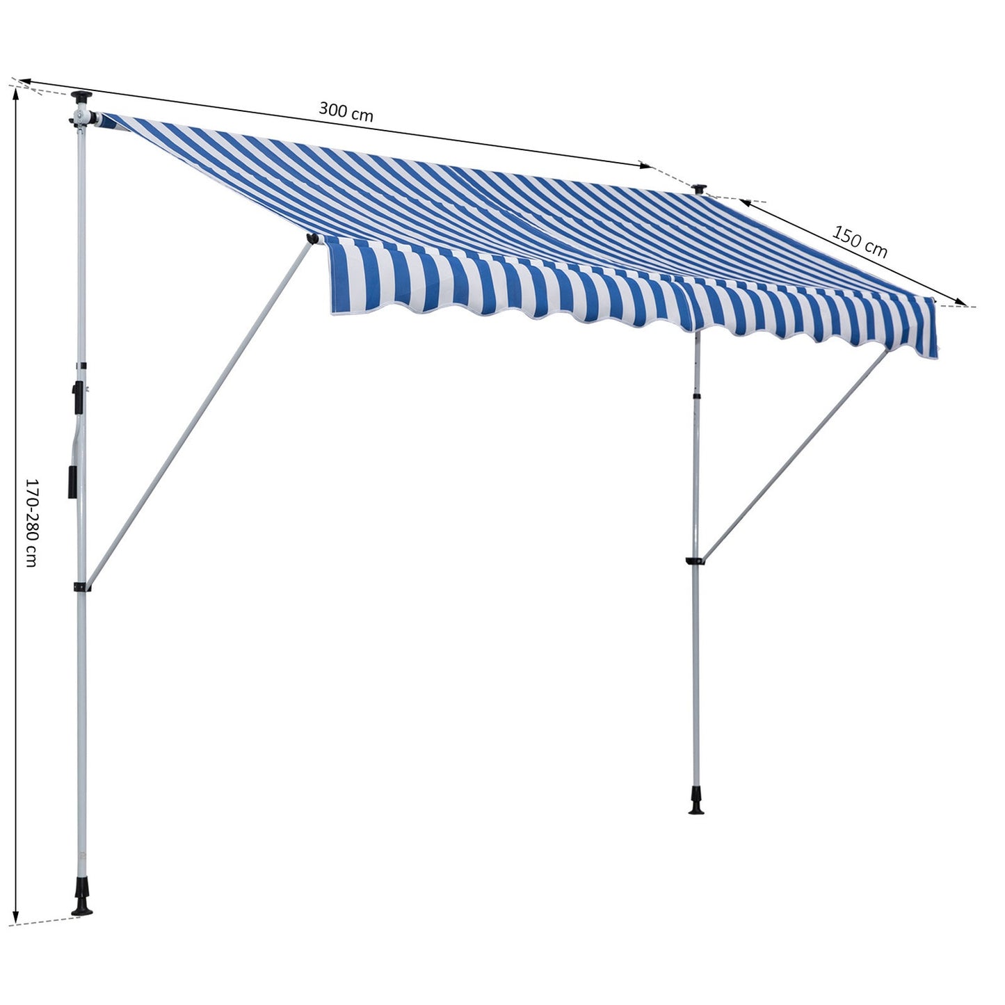 Adjustable folding arm awning, blue/white, 300x150cm