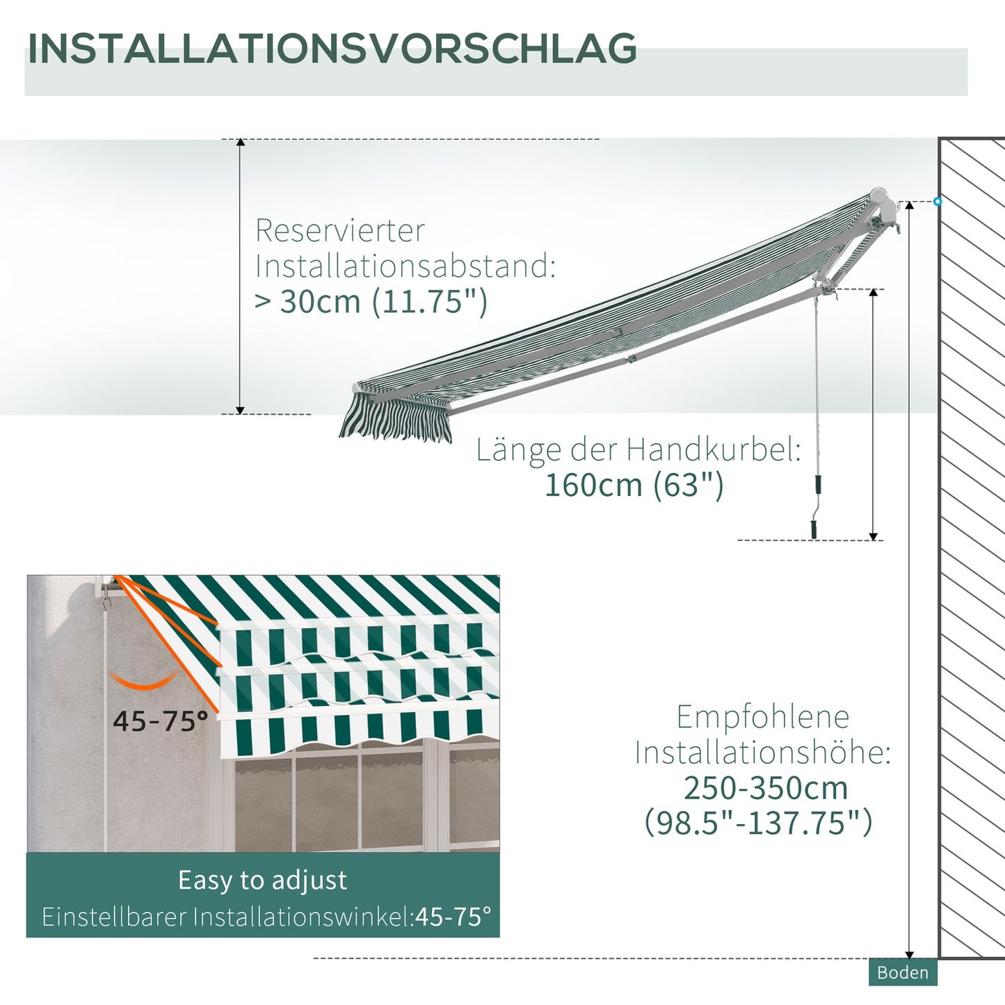 Balcony folding awning - 3x2.5M, Sun protection, Green/White