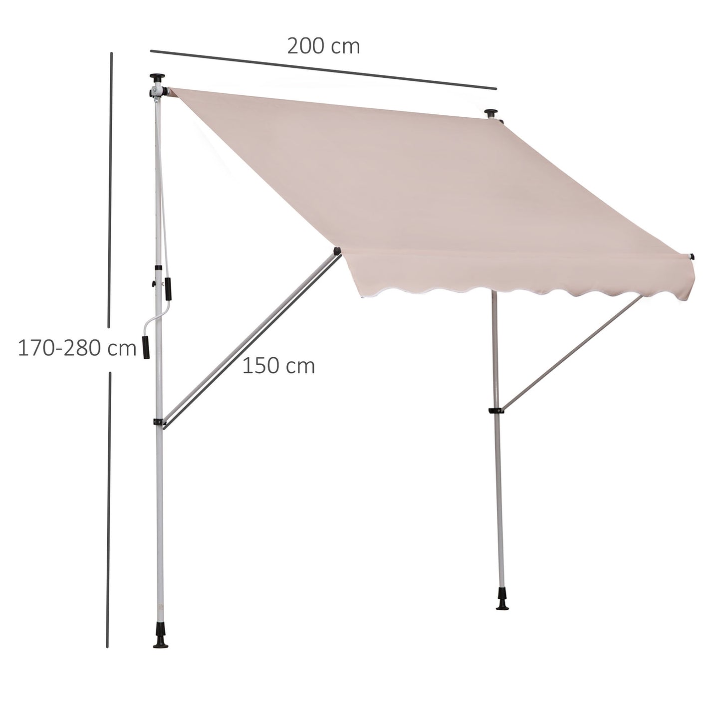 Height-adjustable folding arm awning, 200x150cm, cream
