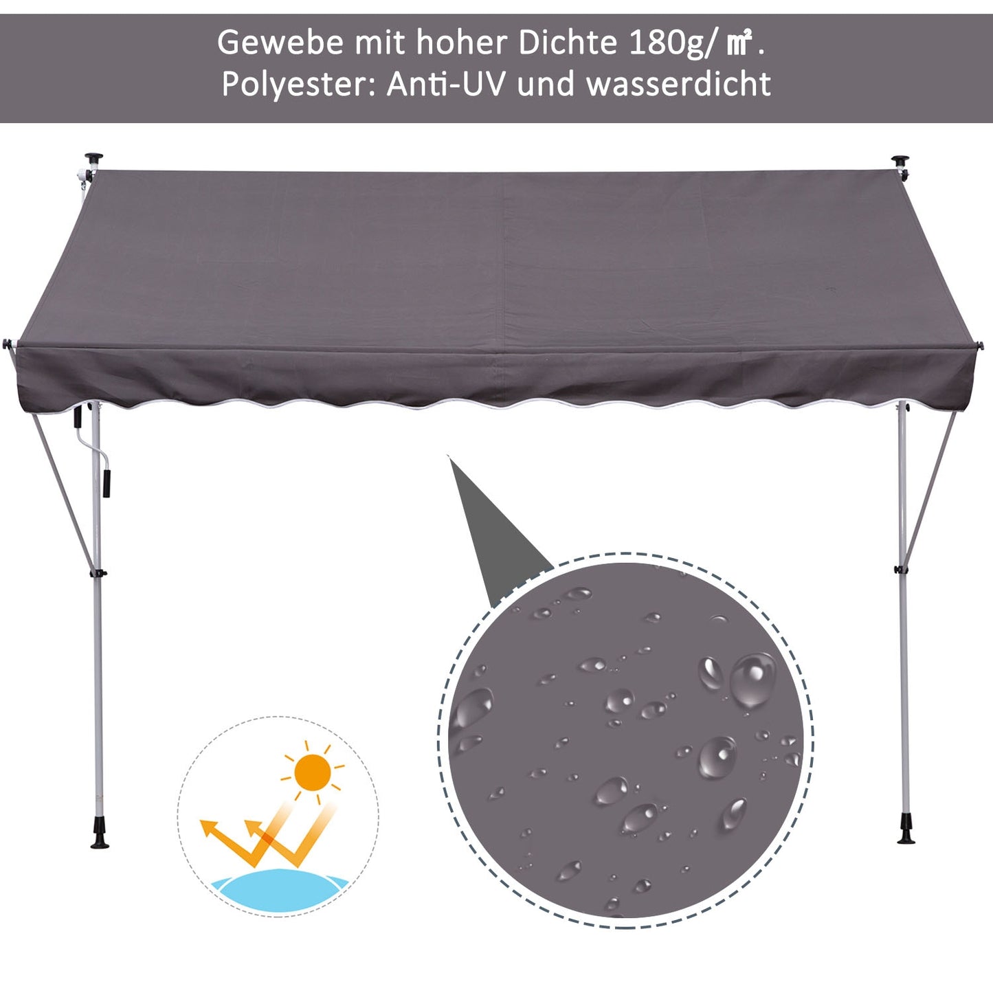 Folding arm awning, Height adjustable, Grey, 200x150 cm