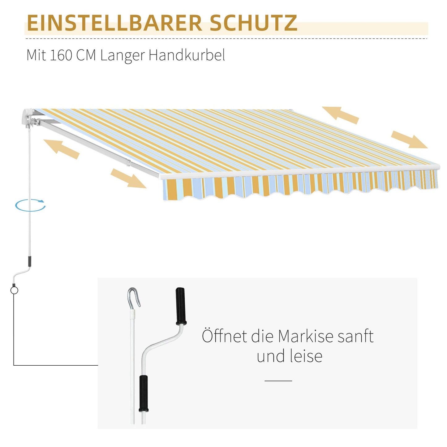 Yellow beige sun protection awning with hand crank, aluminium