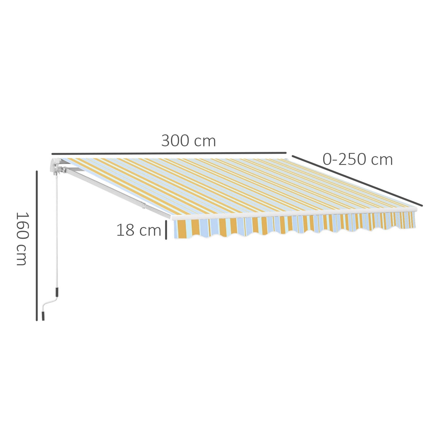 Yellow beige sun protection awning with hand crank, aluminium