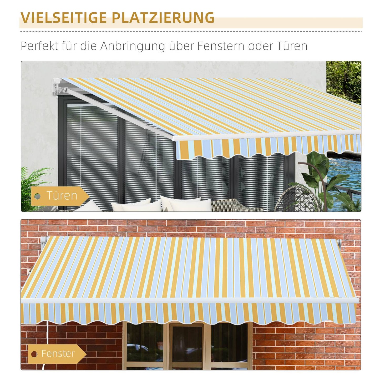 Yellow beige sun protection awning with hand crank, aluminium