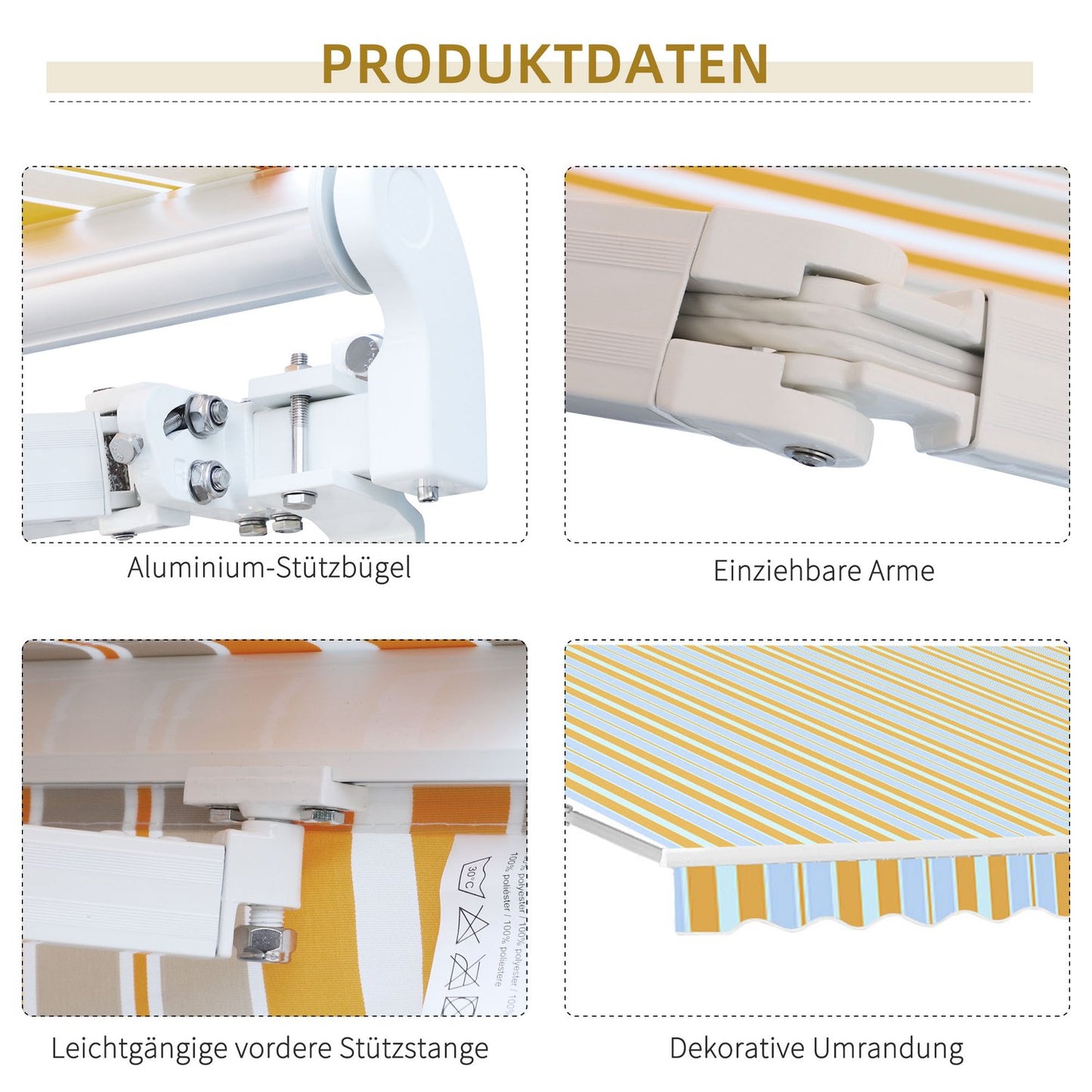 Yellow beige sun protection awning with hand crank, aluminium